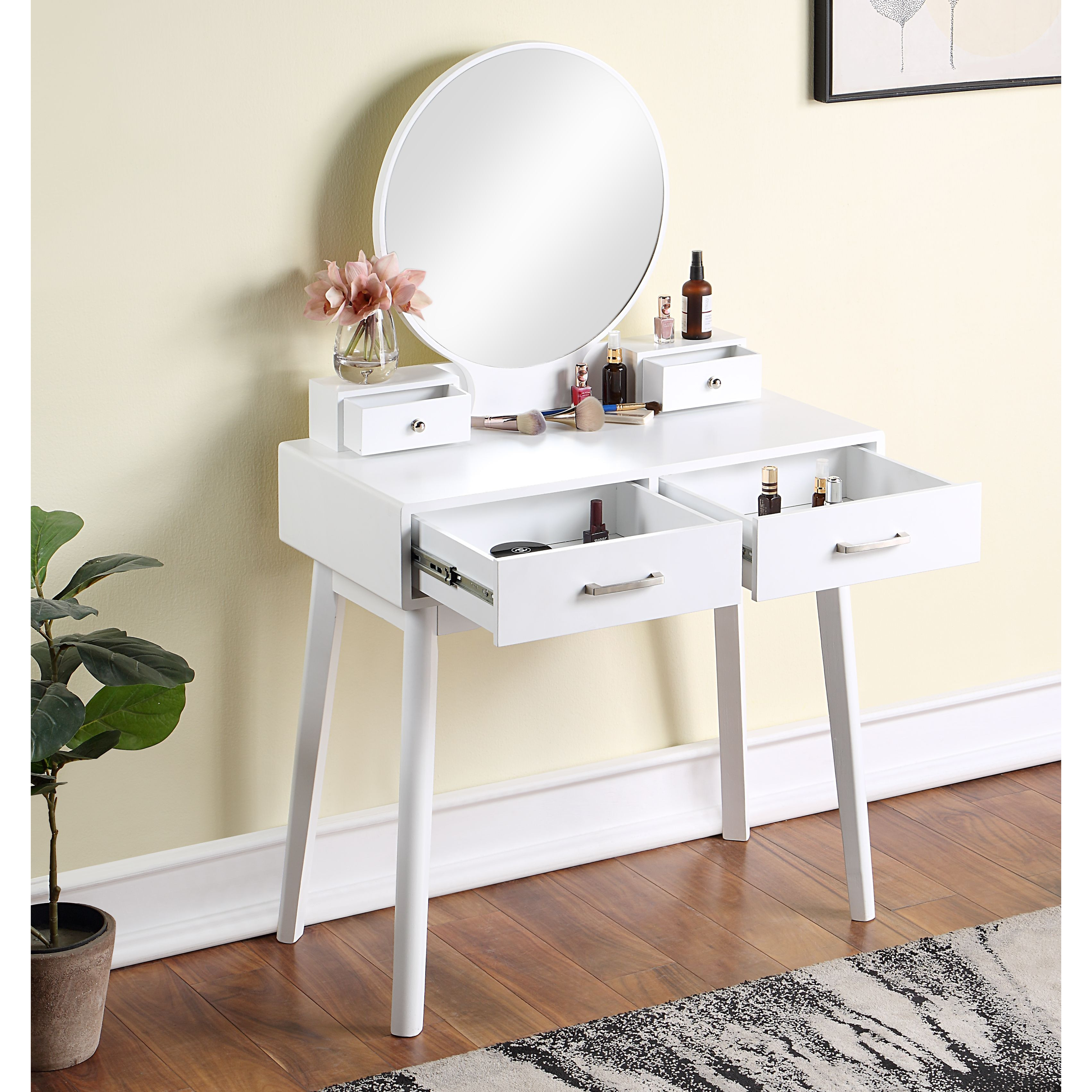 Liannon Contemporary Wood Vanity and Stool Set, White