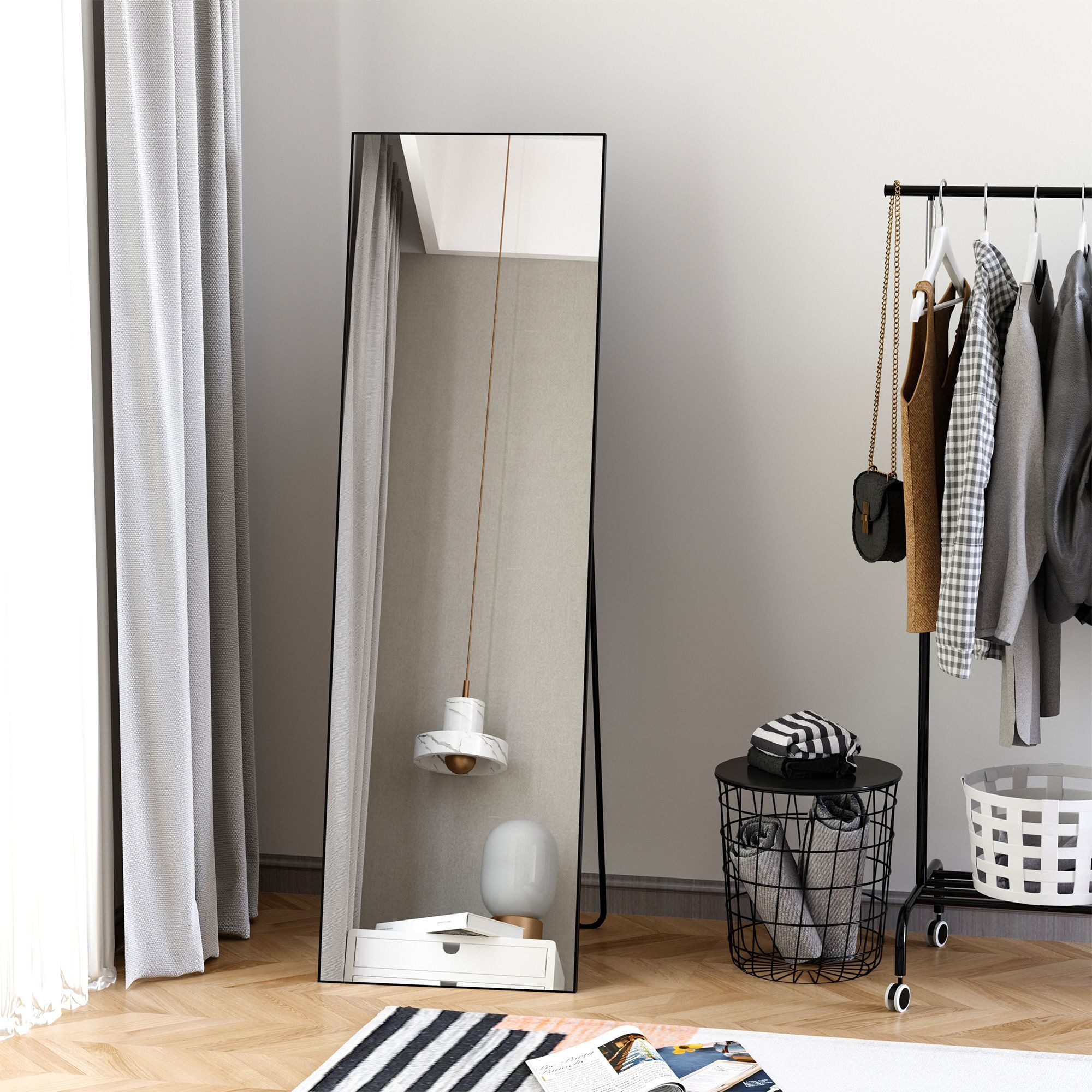 HOMCOM Full Length Glass Mirror, Freestanding or Wall Mounted Dress Mirror for Bedroom, Living Room, Bathroom, 19.75 x 63.5, Black