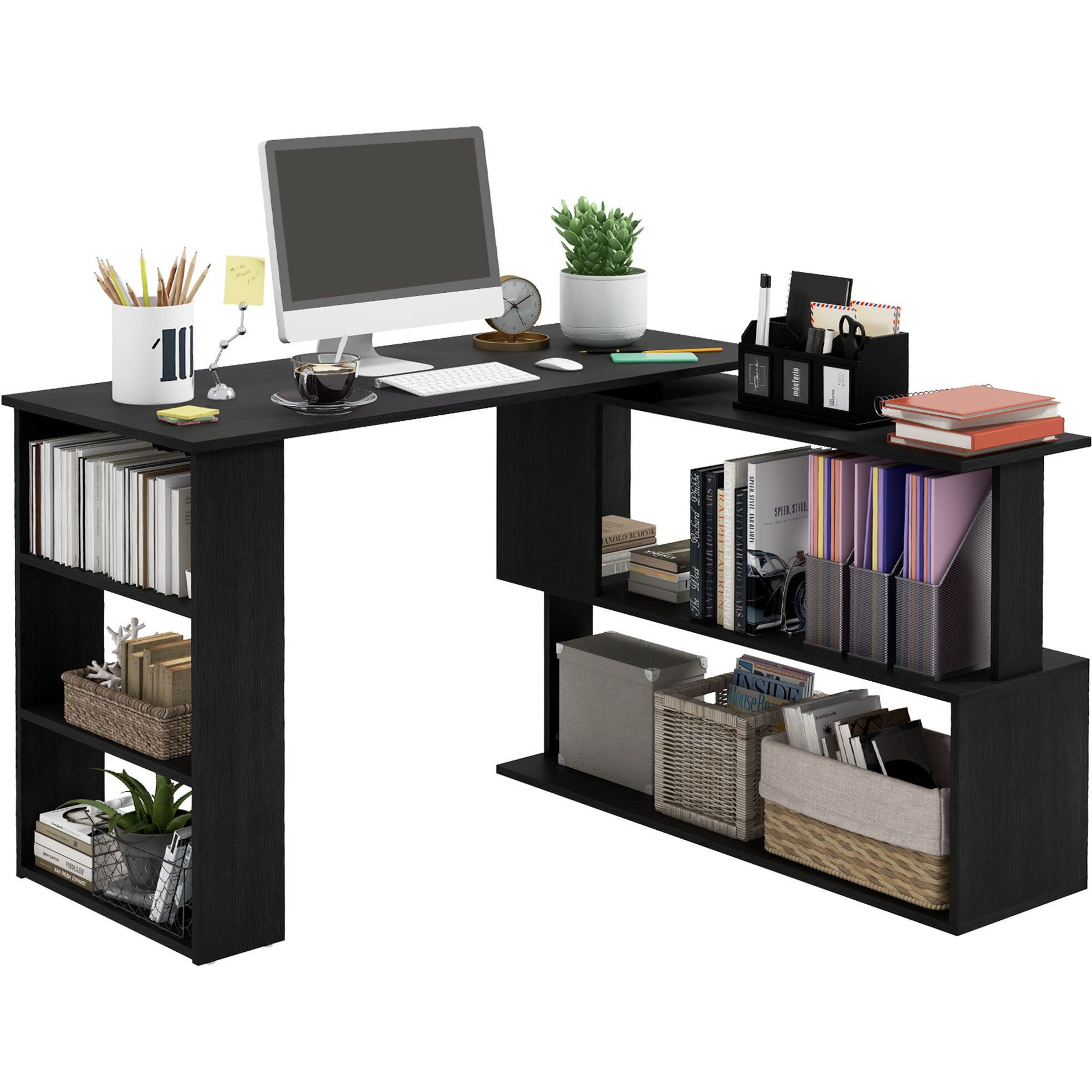 HOMCOM L Shaped Corner Desk, 360 Degree Rotating Home Office Desk with Storage Shelves, Writing Table Workstation, Black