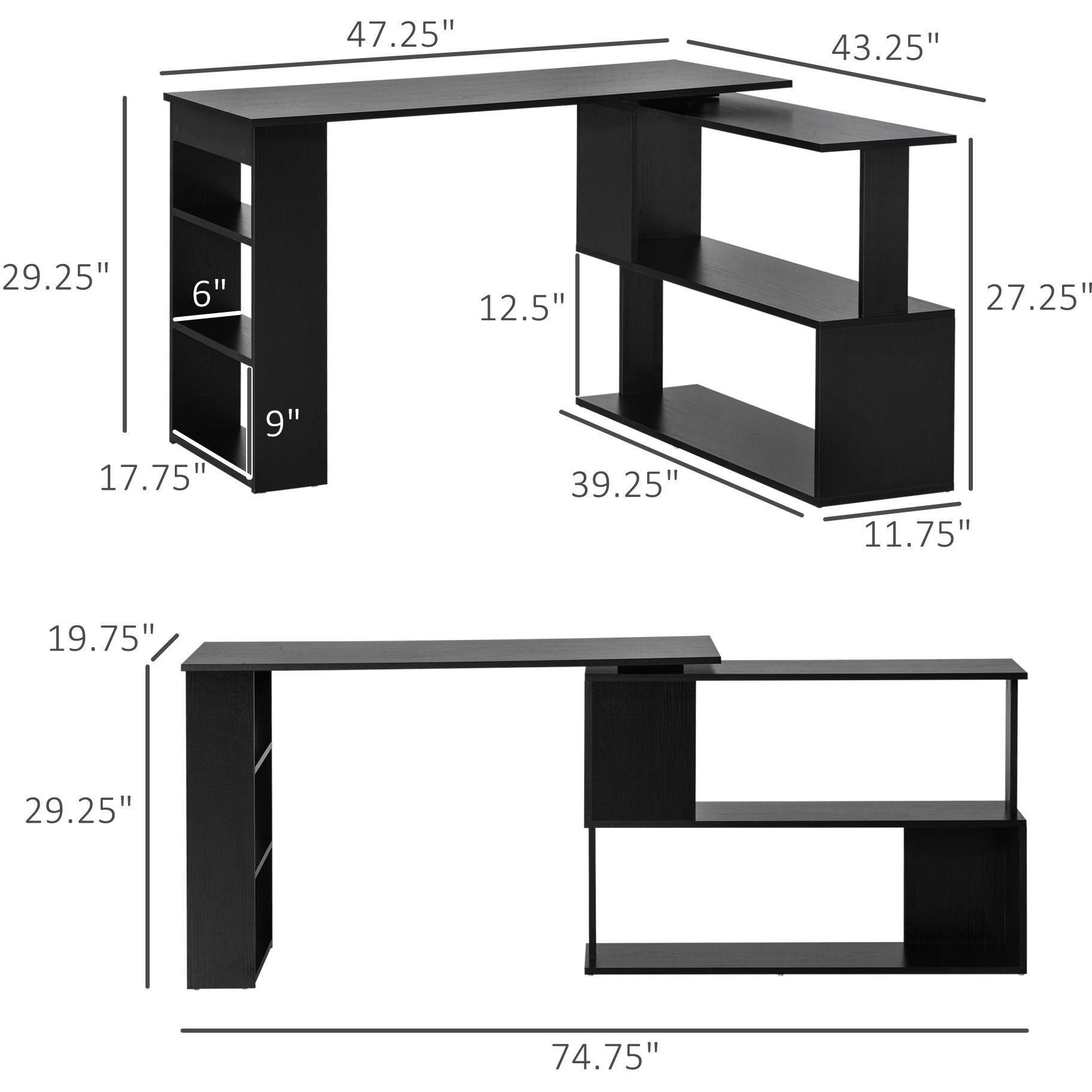 HOMCOM L Shaped Corner Desk, 360 Degree Rotating Home Office Desk with Storage Shelves, Writing Table Workstation, Black