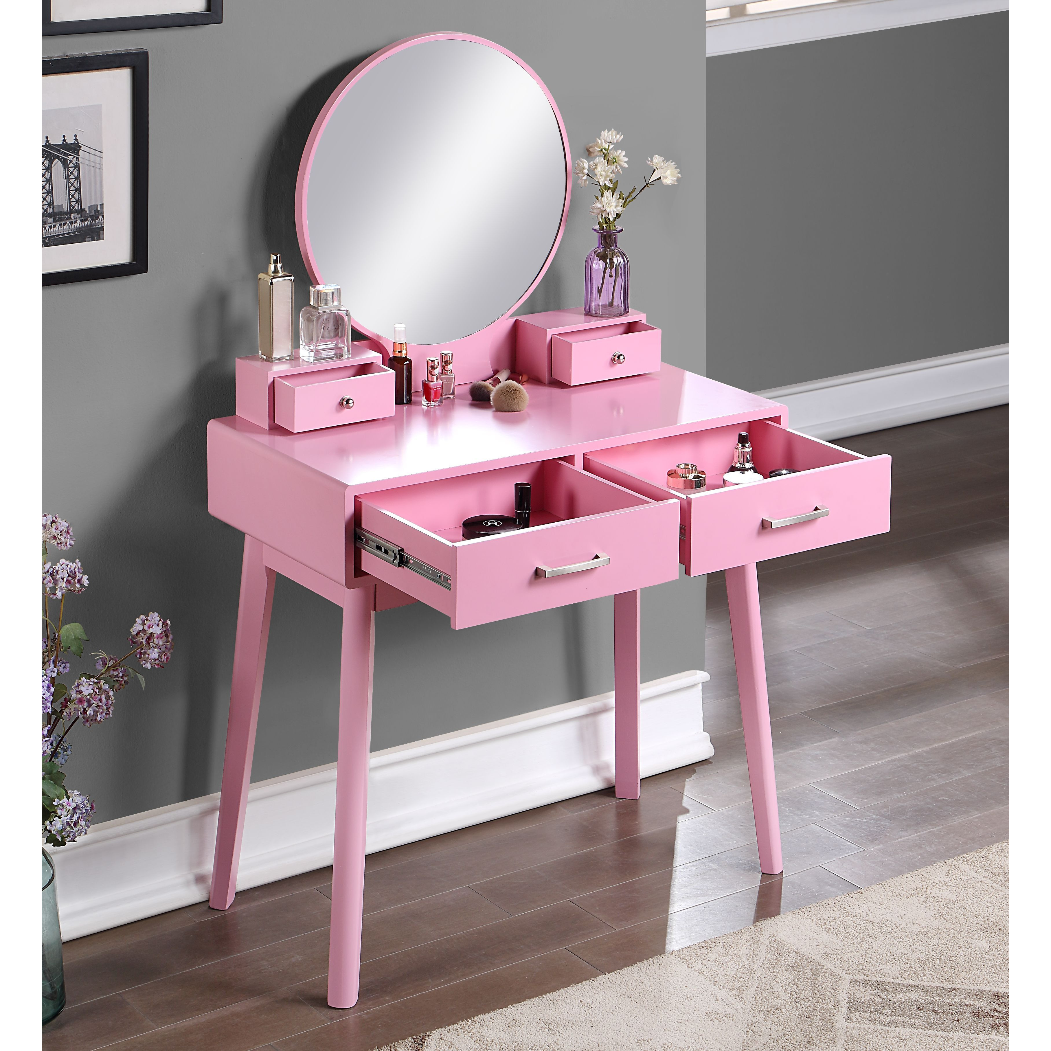 Liannon Contemporary Wood Vanity and Stool Set, Pink
