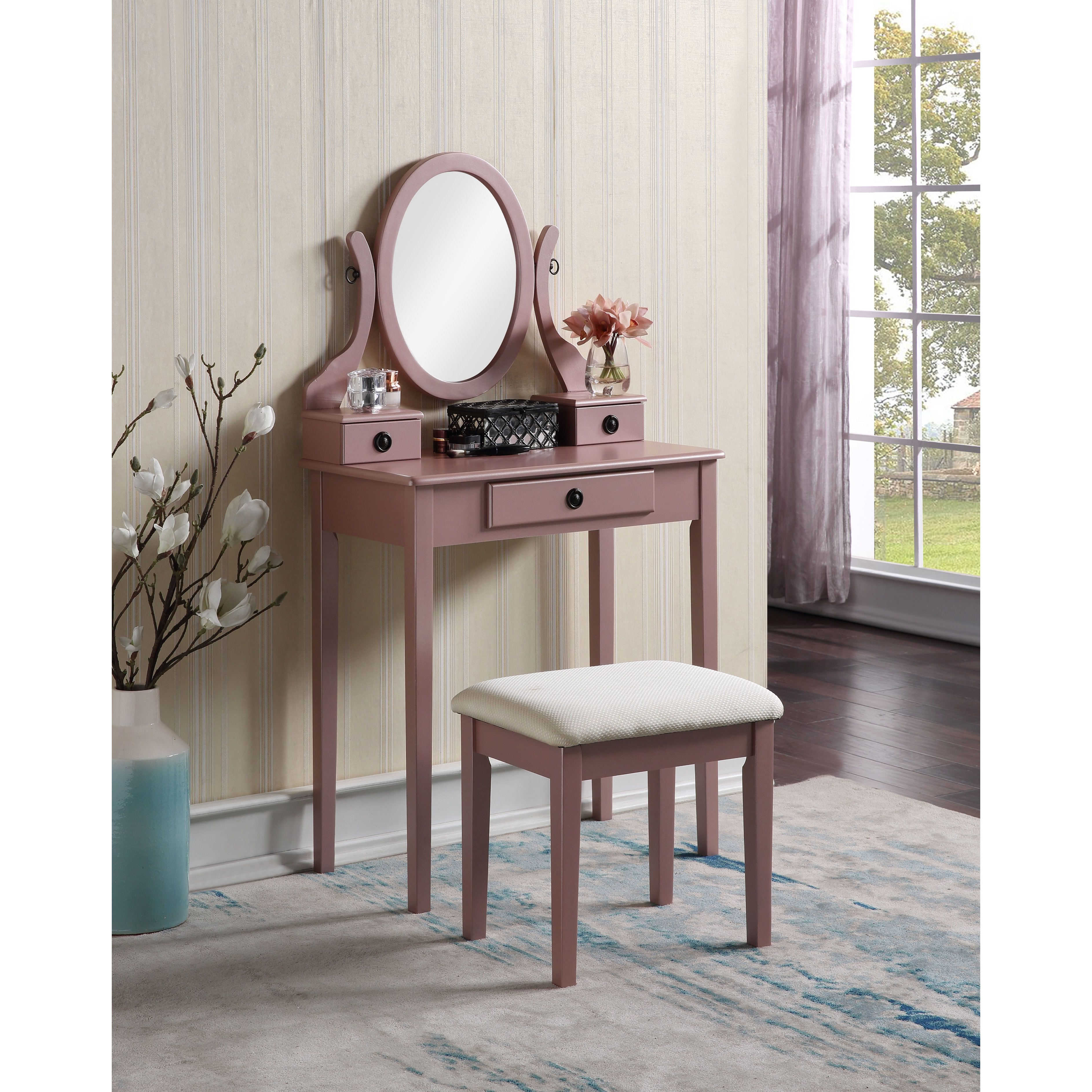 Moniys Wood Moniya Makeup Vanity Table and Stool Set, Rose Gold