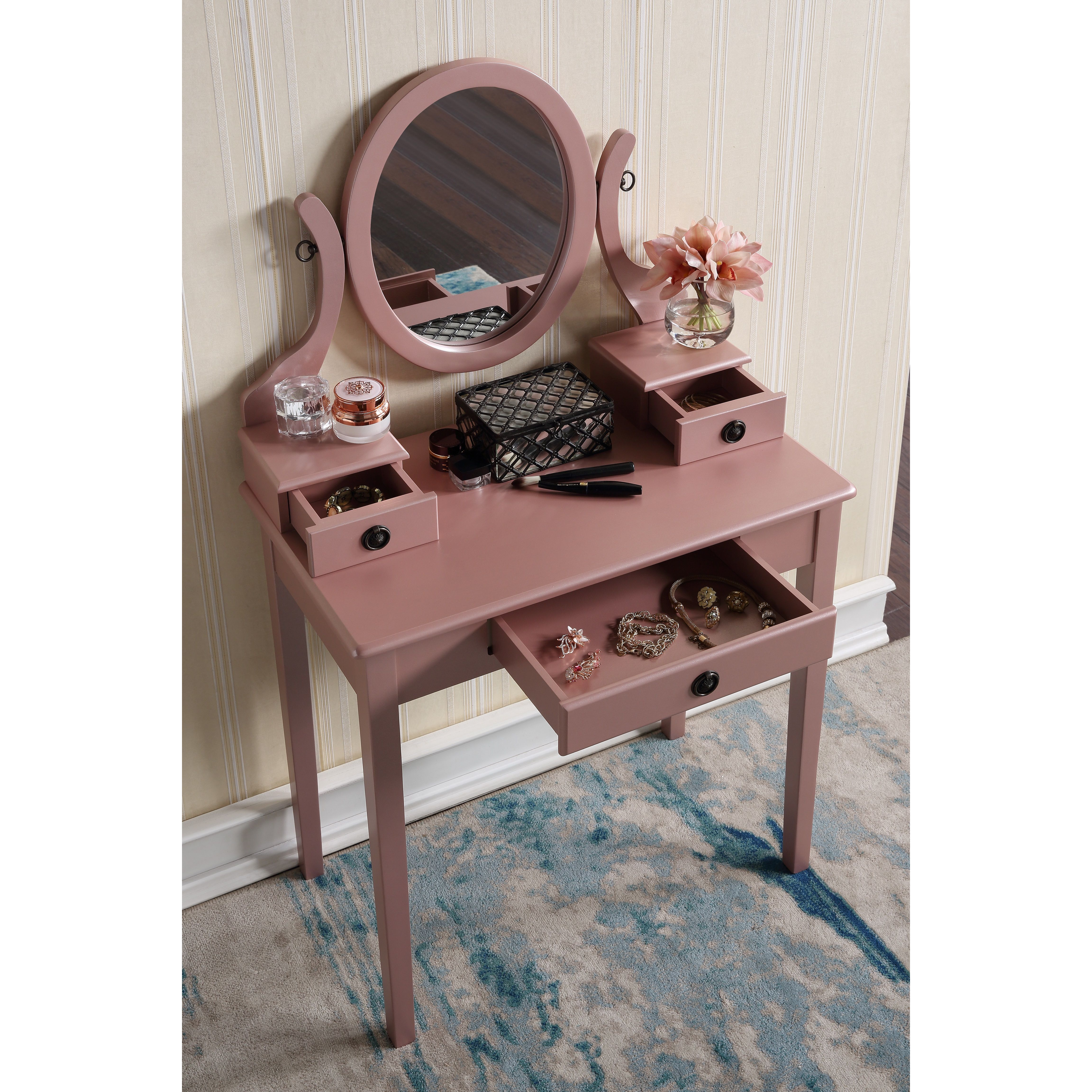 Moniys Wood Moniya Makeup Vanity Table and Stool Set, Rose Gold