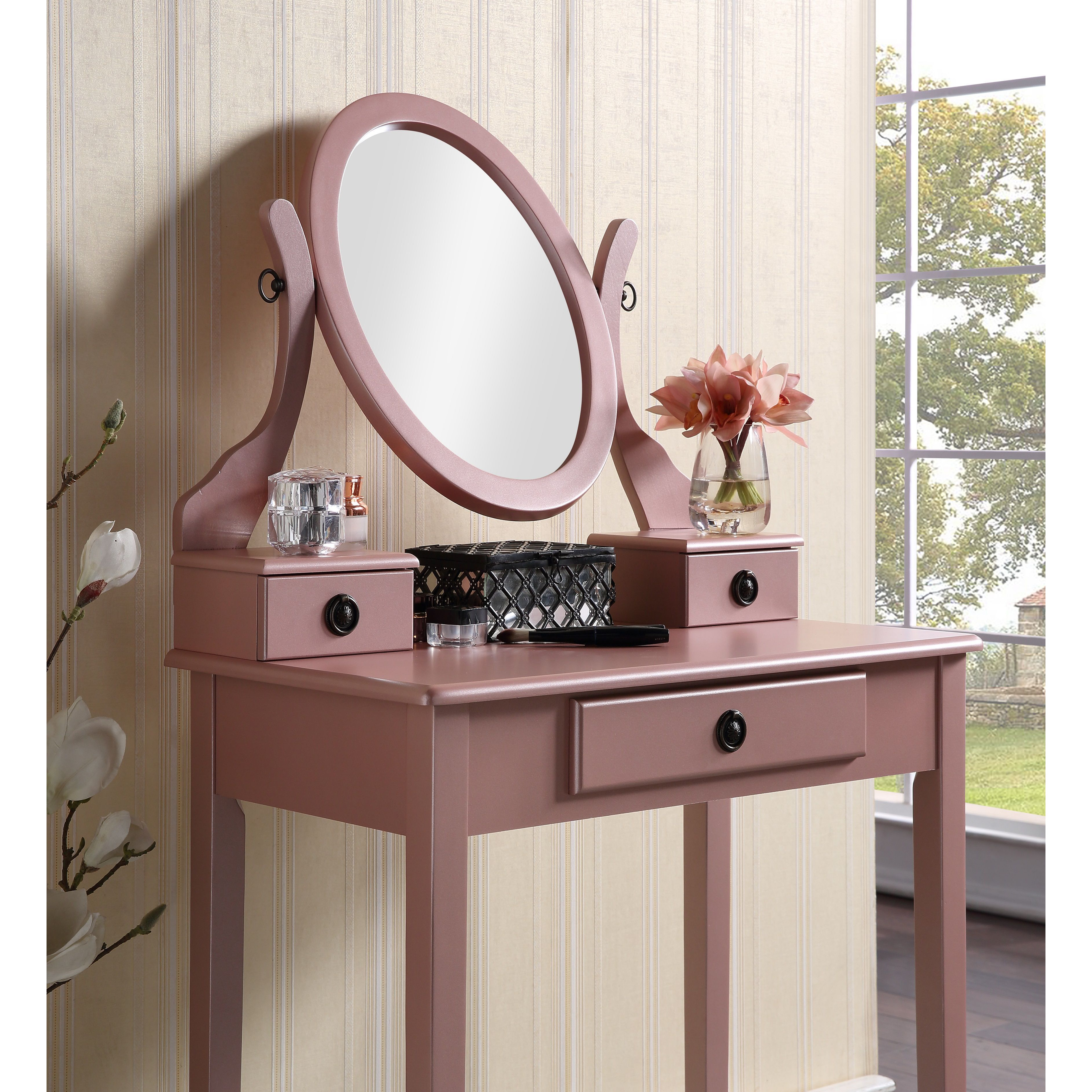 Moniys Wood Moniya Makeup Vanity Table and Stool Set, Rose Gold