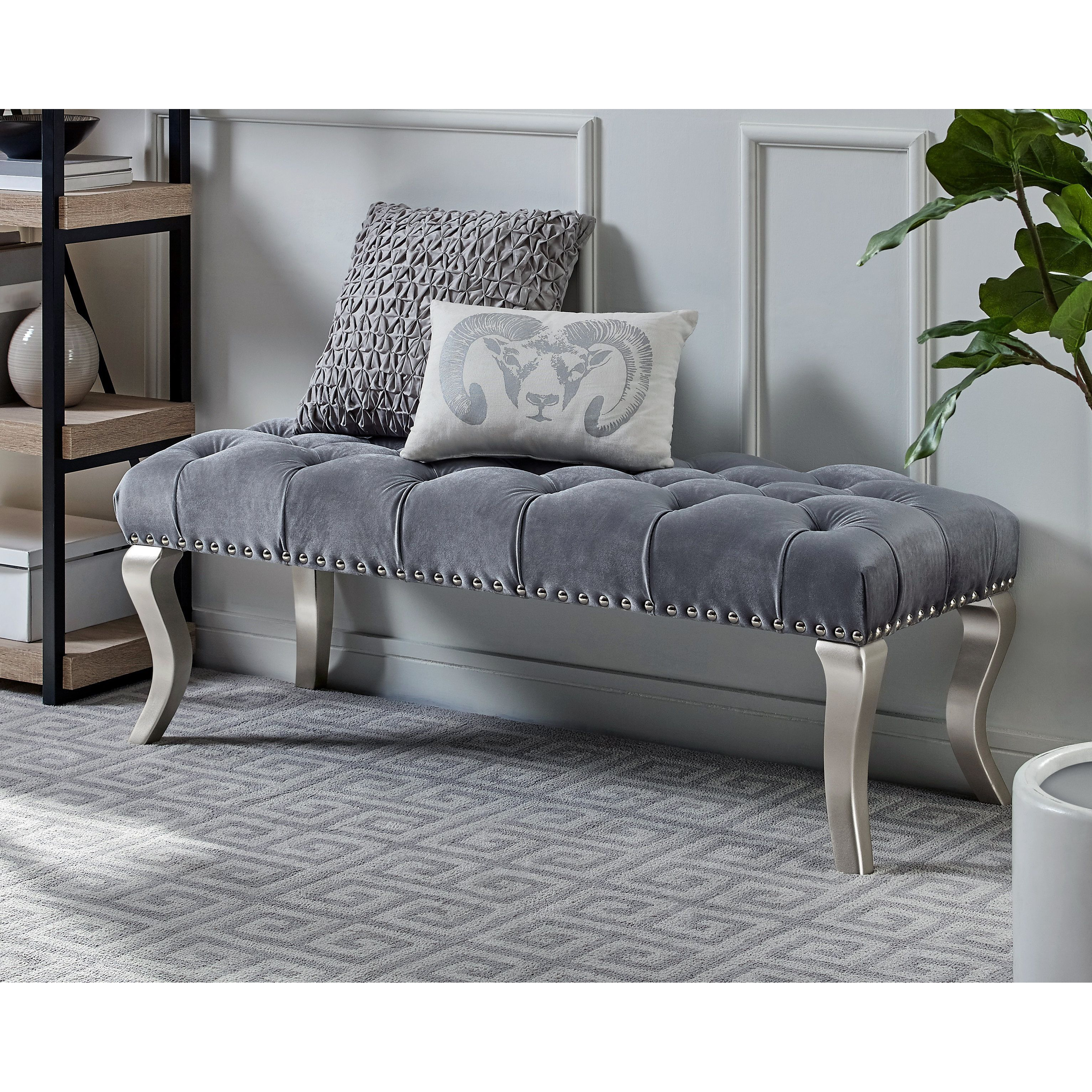 Decor Maxem Tufted Fabric Upholstered Bench Nailhead Trim , Gray