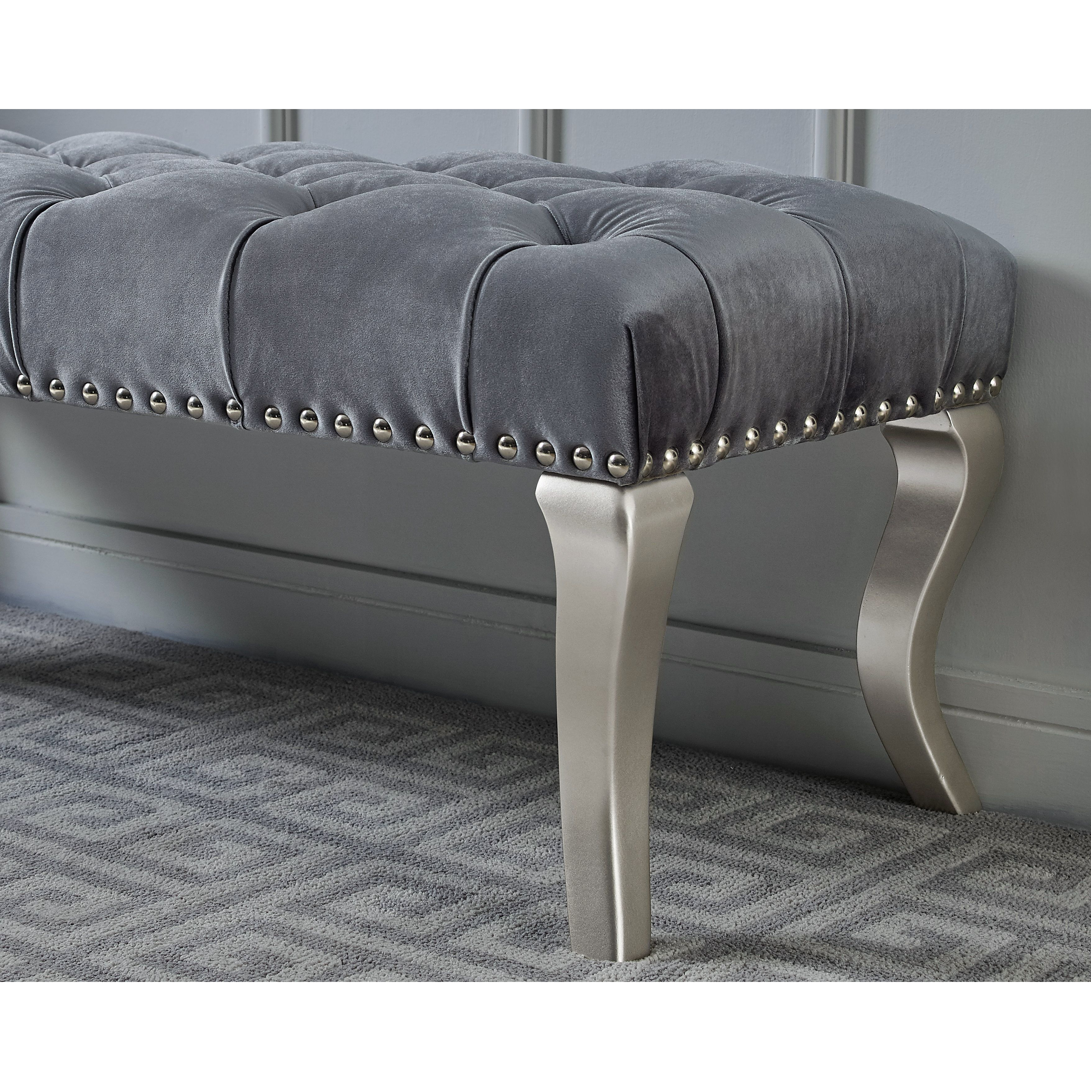 Decor Maxem Tufted Fabric Upholstered Bench Nailhead Trim , Gray