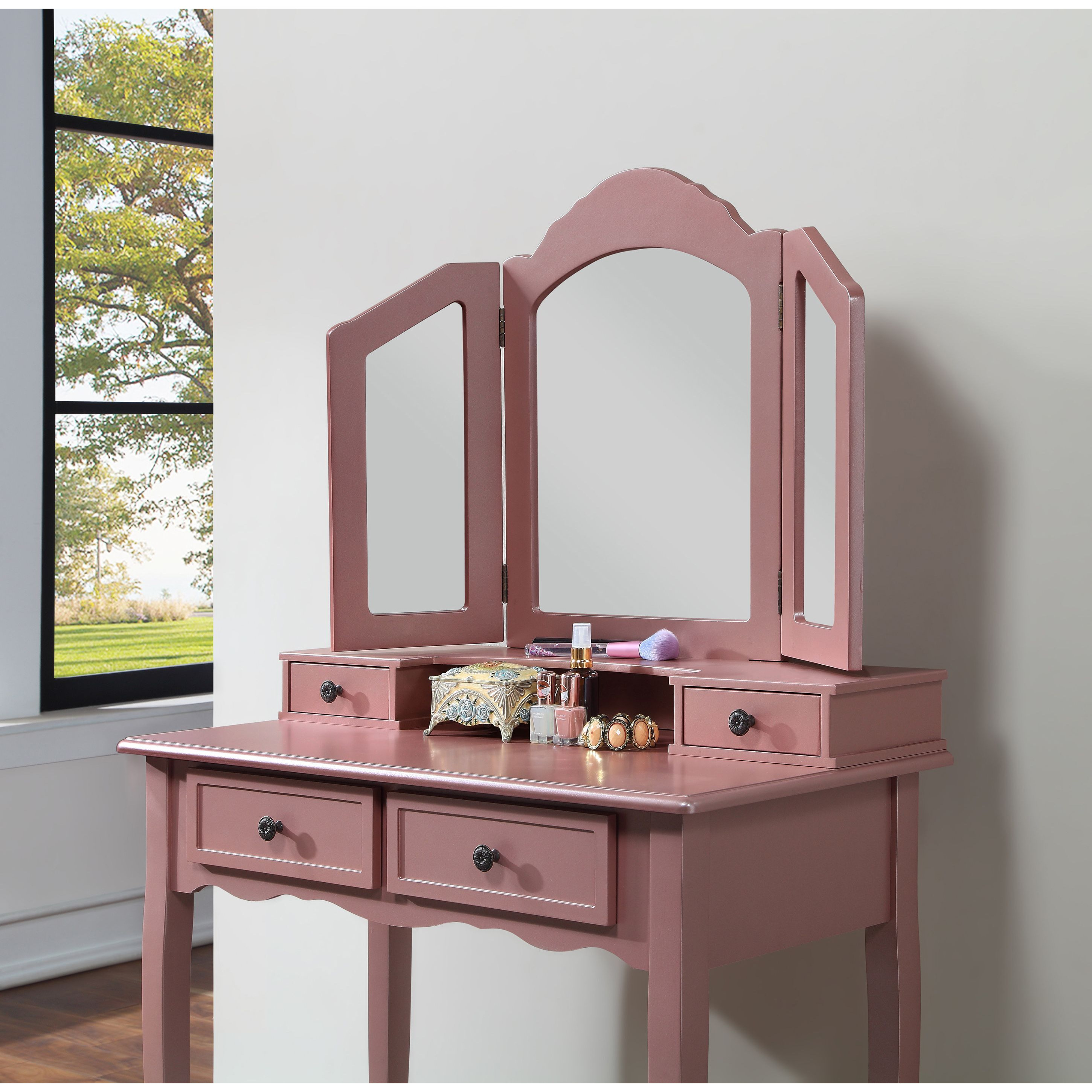 Sanlo Wooden Vanity Make Up Table and Stool Set, Rose Gold