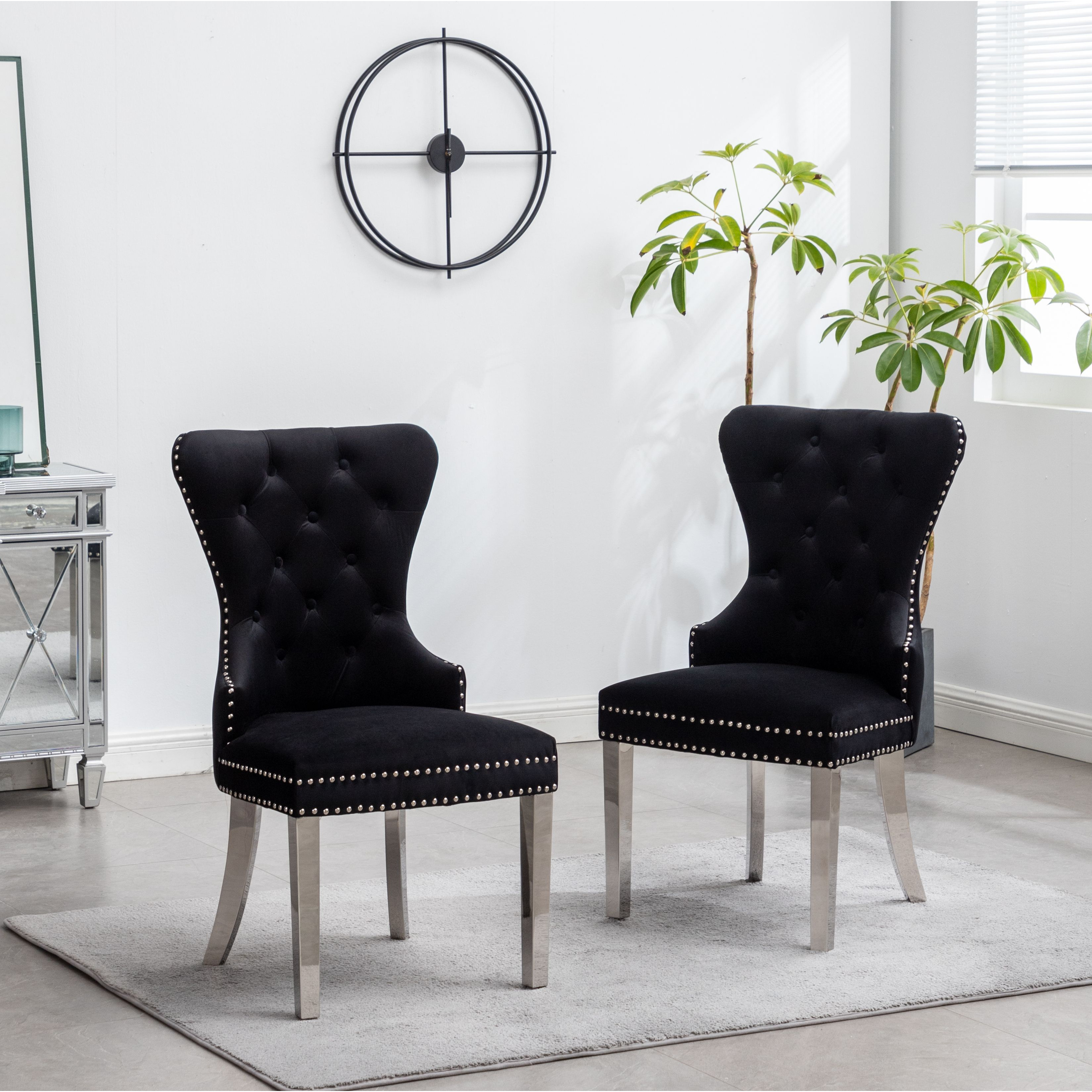 Montura Contemporary Tufted Velvet Chair with Nailhead Trim, Set of 2, Black