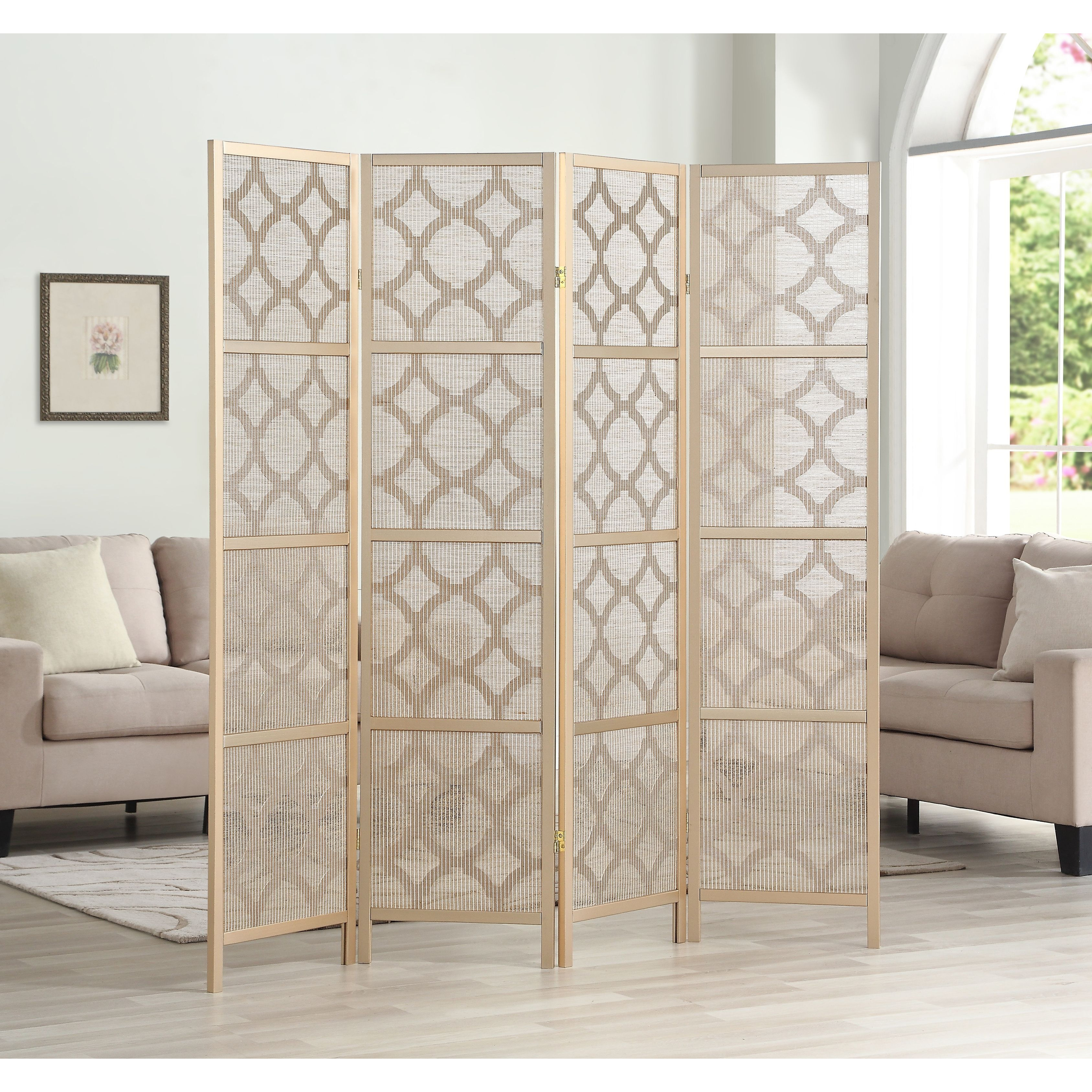 Quarterfoil infused Diamond Design 4-Panel Room Divider, Gold