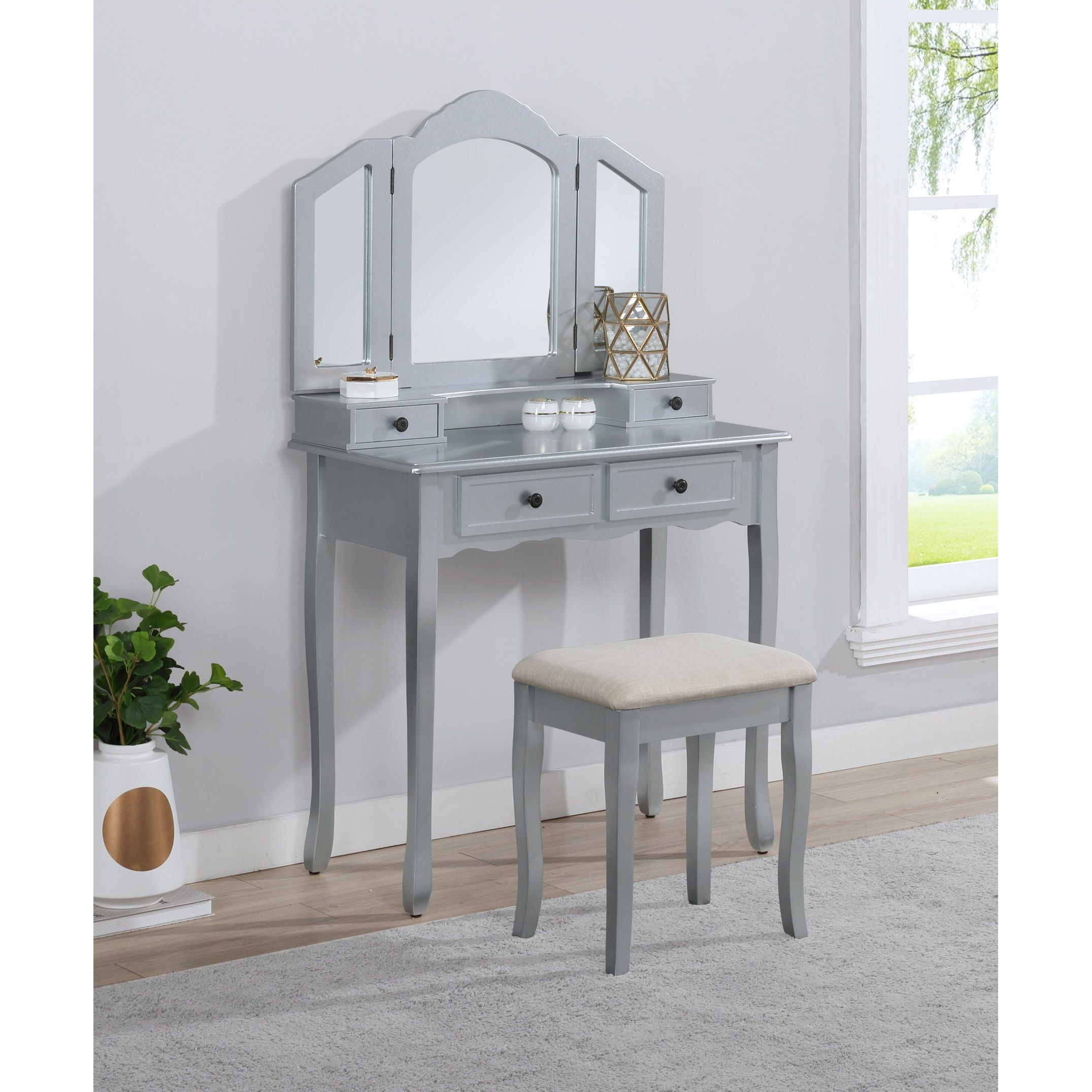 Sanlo Wooden Vanity Make Up Table and Stool Set, Silver