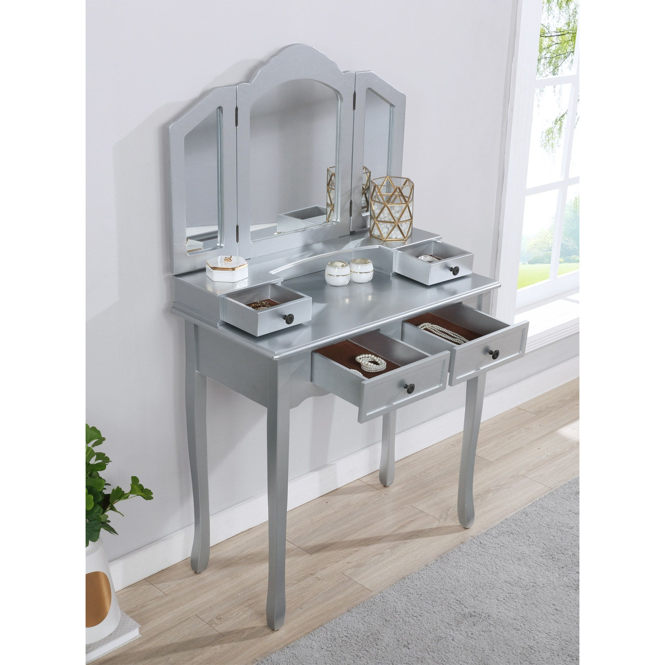 Sanlo Wooden Vanity Make Up Table and Stool Set, Silver