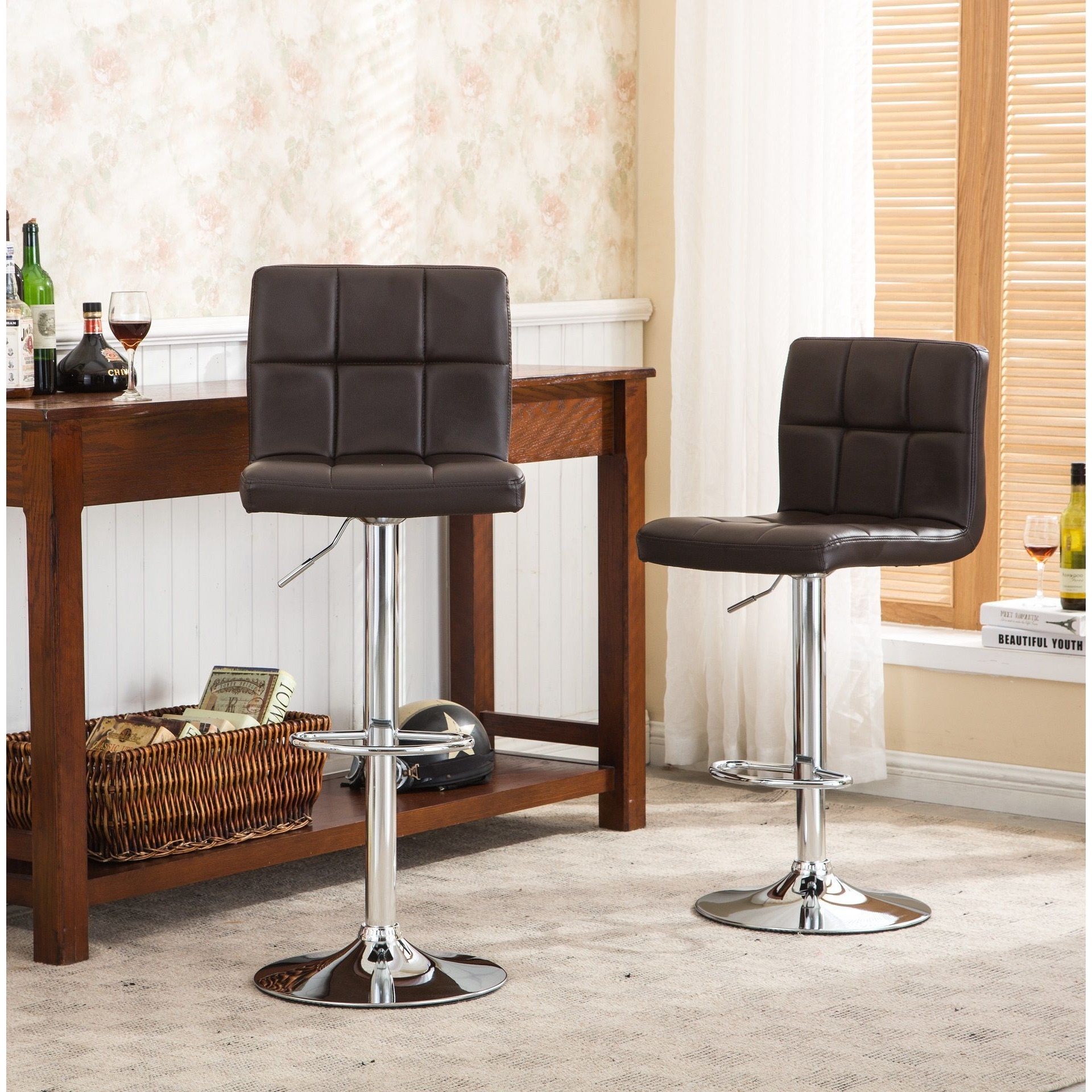 Swivel Faux Leather Adjustable Hydraulic Bar Stool, Set of 2, Brown