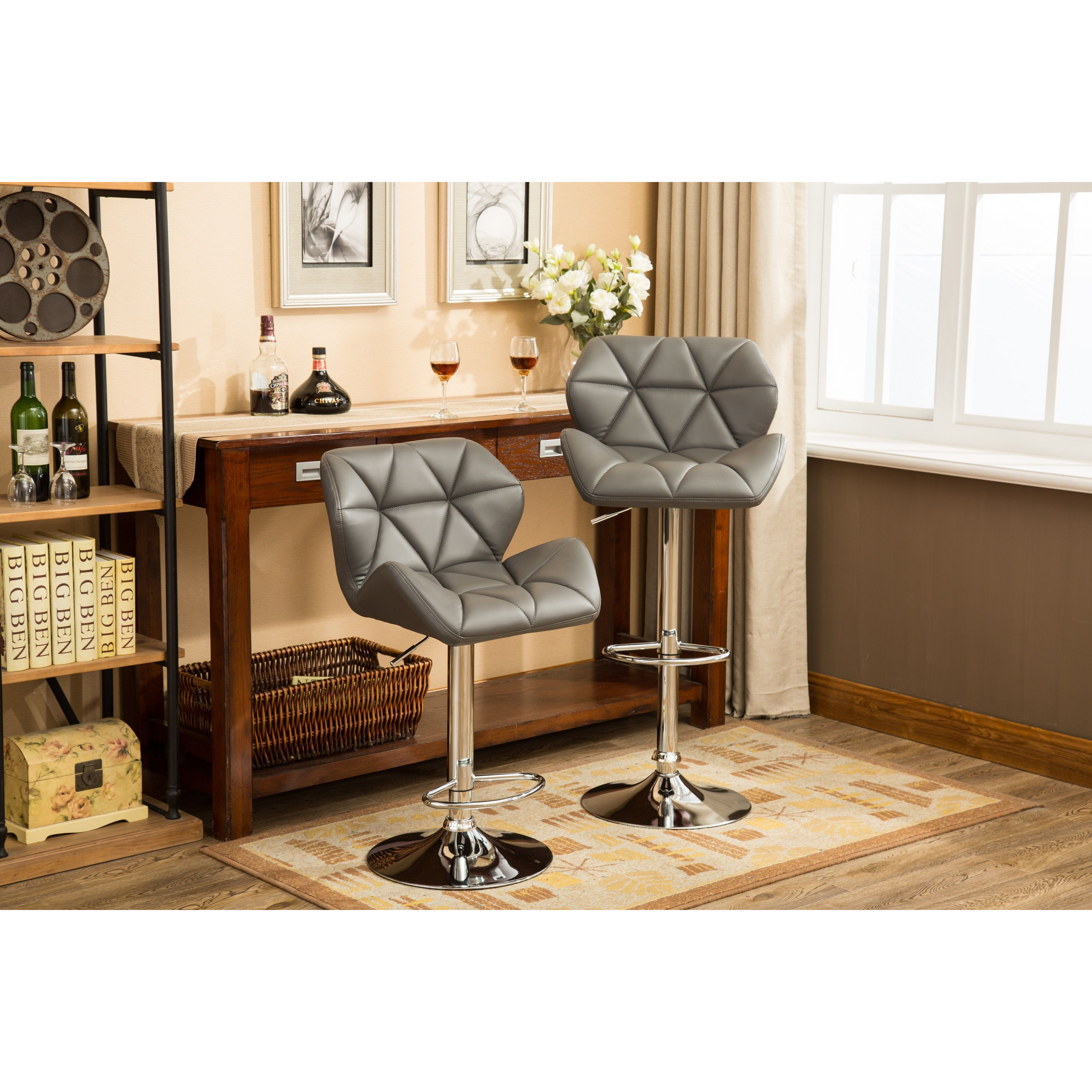 Glasgow Contemporary Tufted Adjustable Height Hidraulic Bar Stools, Set of 2, Grey