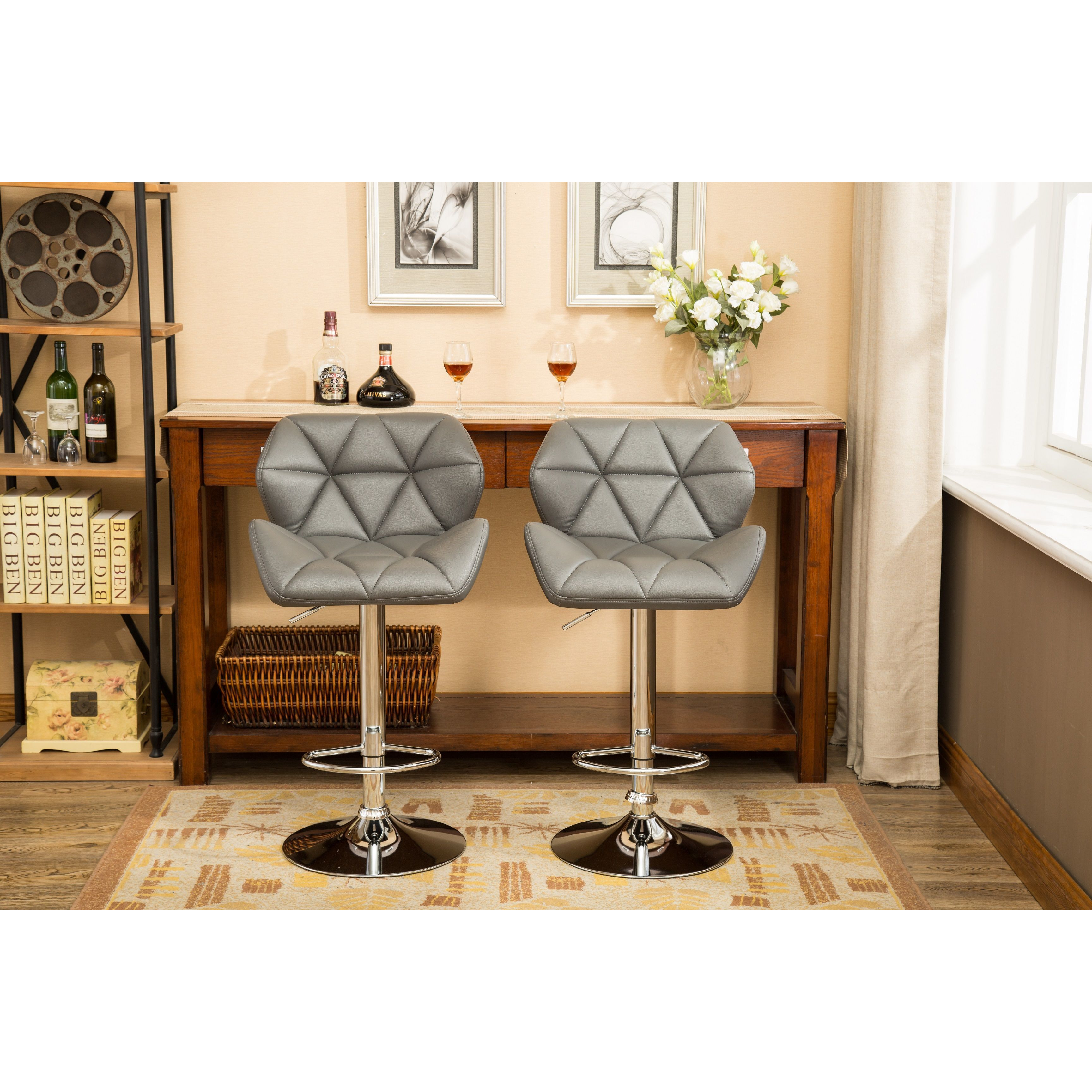 Glasgow Contemporary Tufted Adjustable Height Hidraulic Bar Stools, Set of 2, Grey