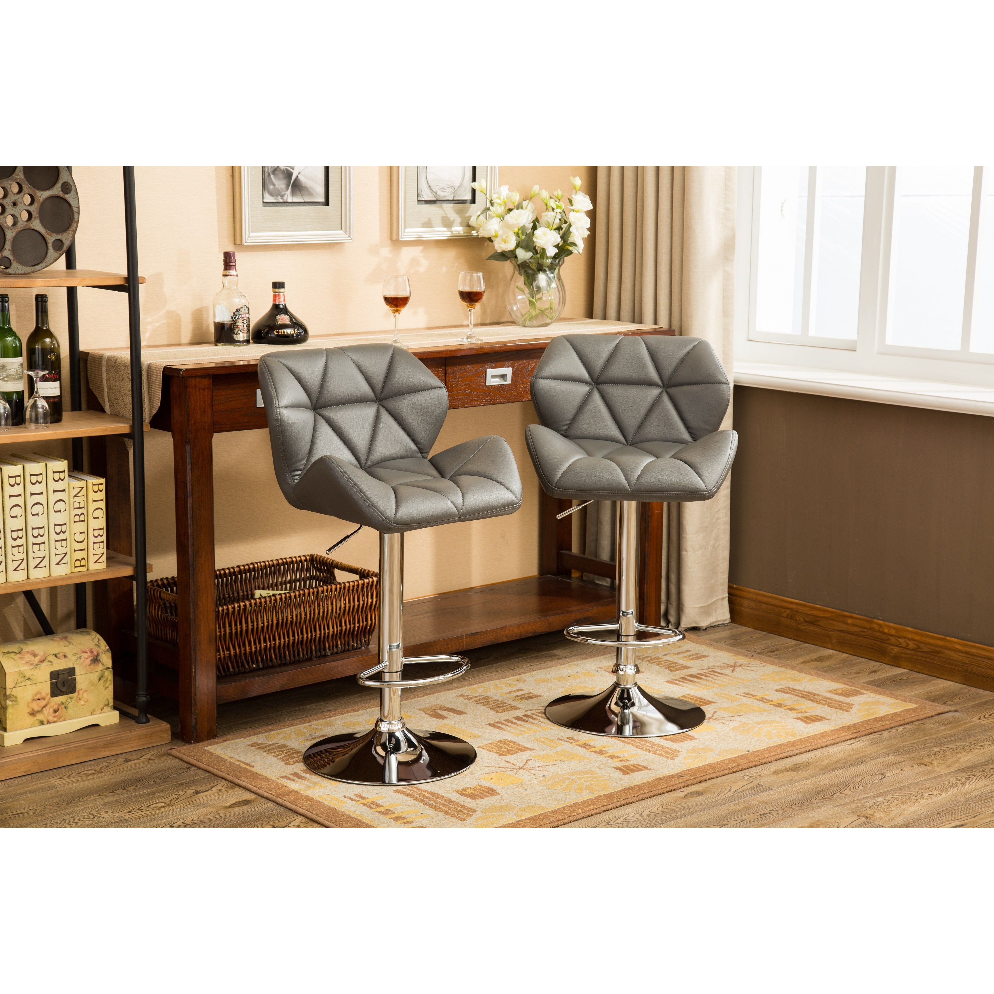 Glasgow Contemporary Tufted Adjustable Height Hidraulic Bar Stools, Set of 2, Grey