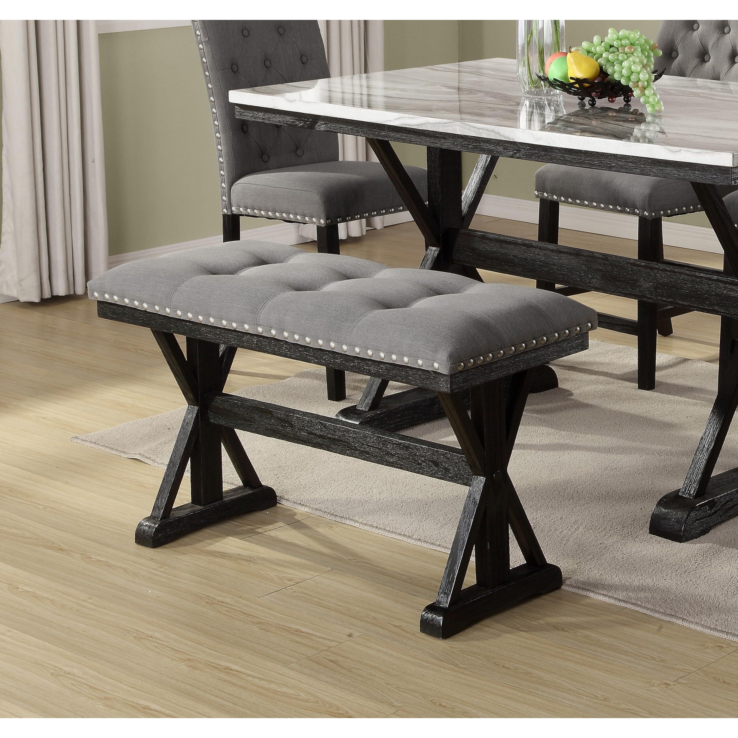 Counter height dining bench with grey linen fabric and light espresso base