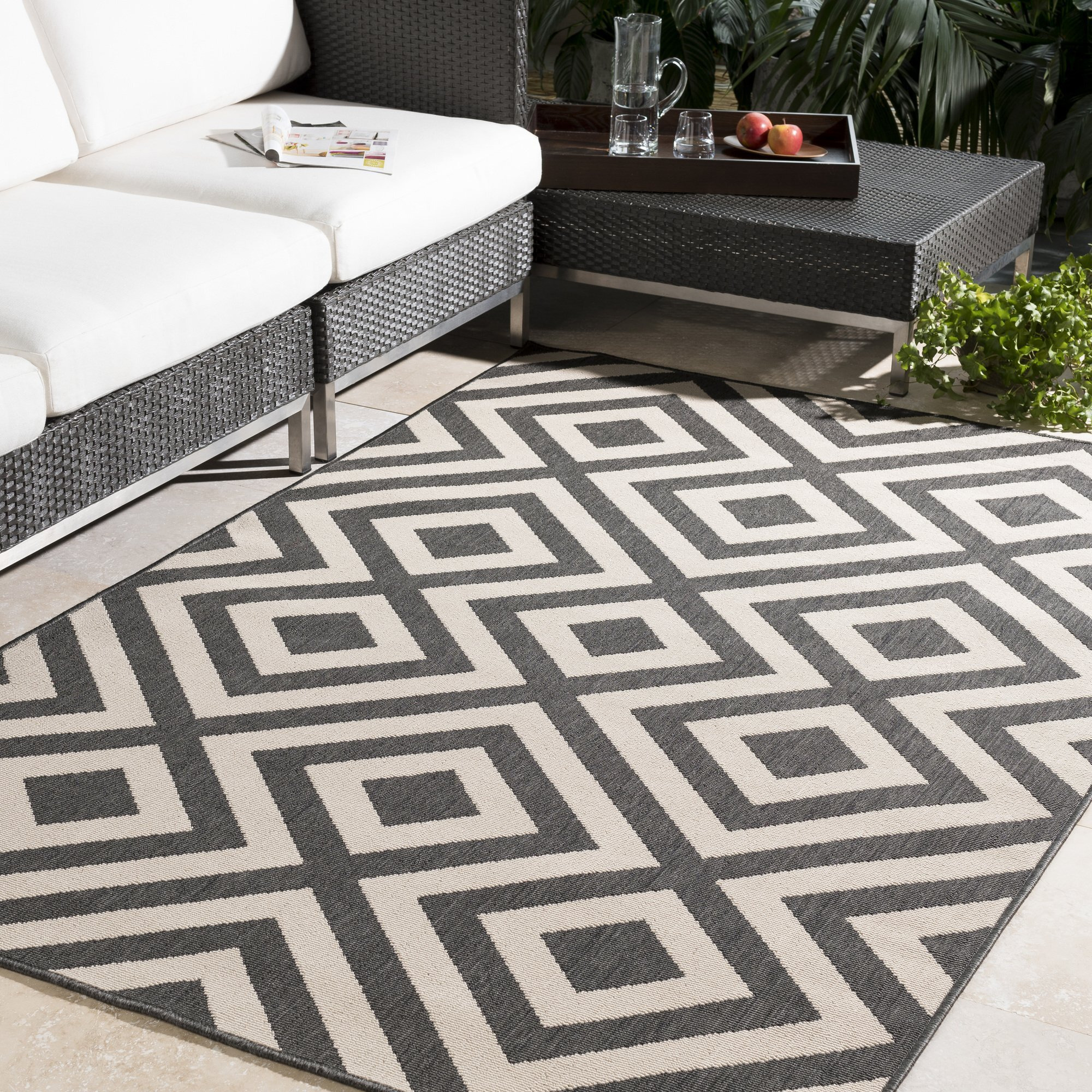 Livabliss ALF9639-69 6 ft. x 9 ft. Alfresco Rectangle Machine Made Geometric Area Rug&44 Black & Cream