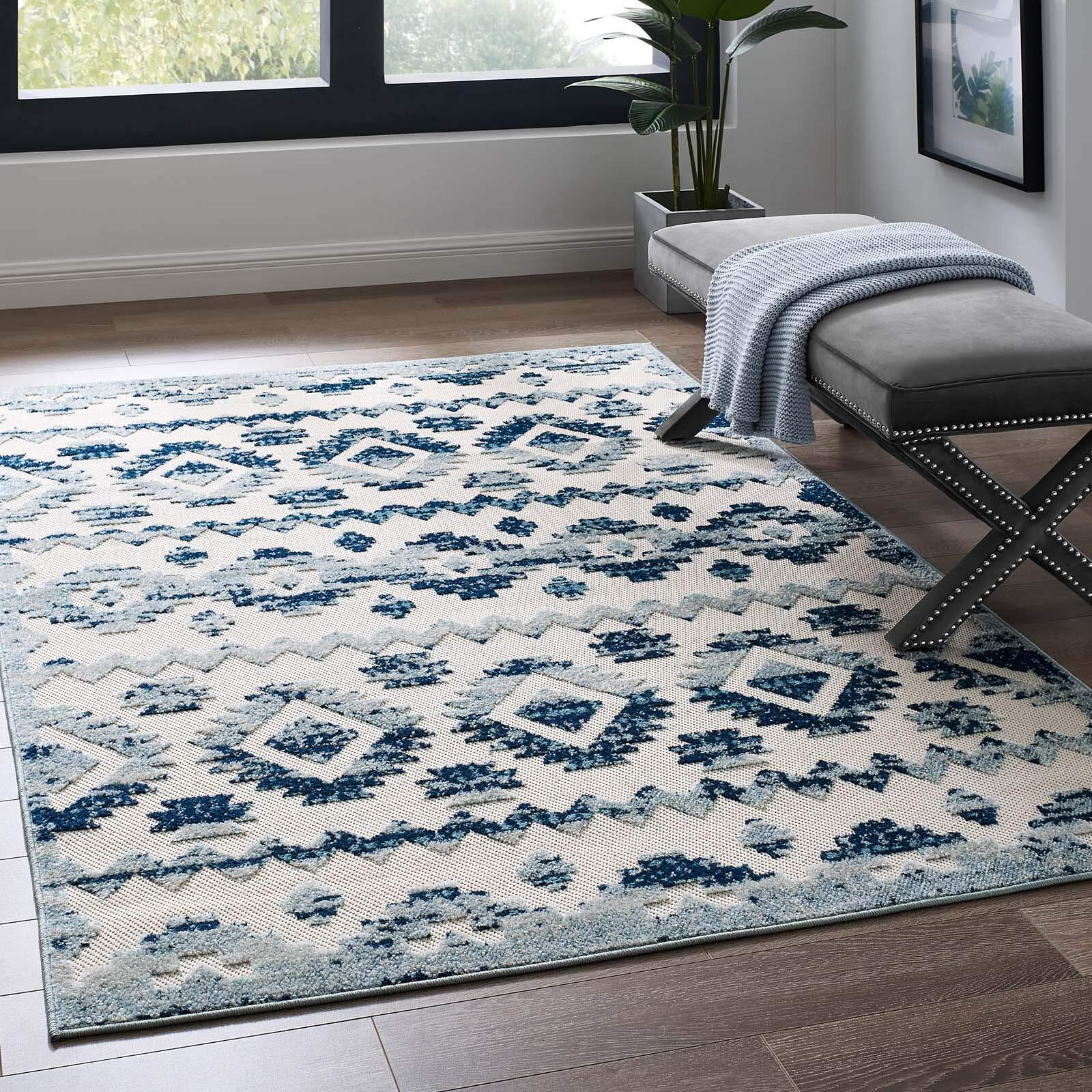 Modway Furniture R-1180A-58 5 x 8 in. Reflect Takara Abstract Diamond Moroccan Trellis Indoor & Outdoor Area Rug&44 Ivory & Blue