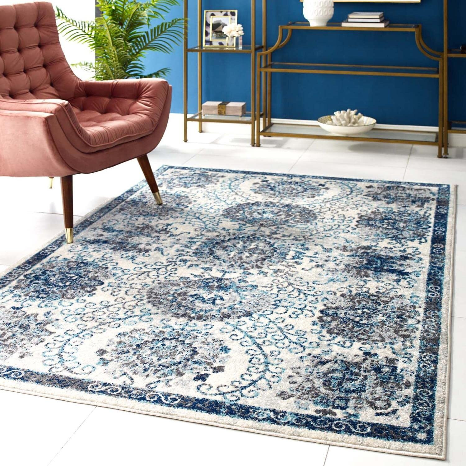 Modway Furniture R-1173B-58 5 x 8 in. Entourage Kensie Distressed Floral Moroccan Trellis Area Rug&44 Ivory & Blue