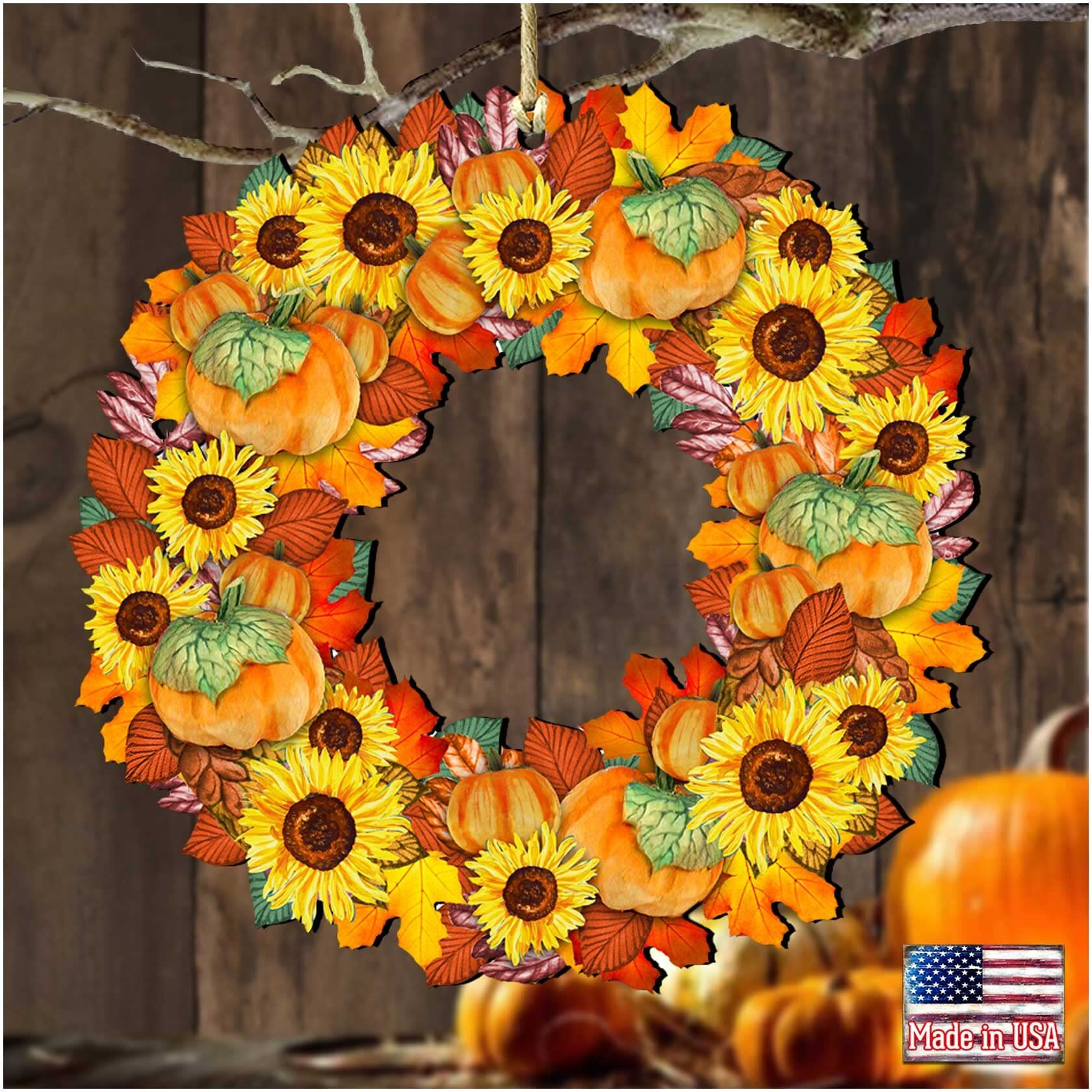 G.DeBrekht 8185305 Flower Fall Wreath Wooden Ornament Set of 2