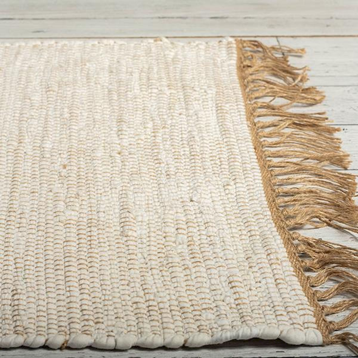 White Cotton with Jute Fringes Rug