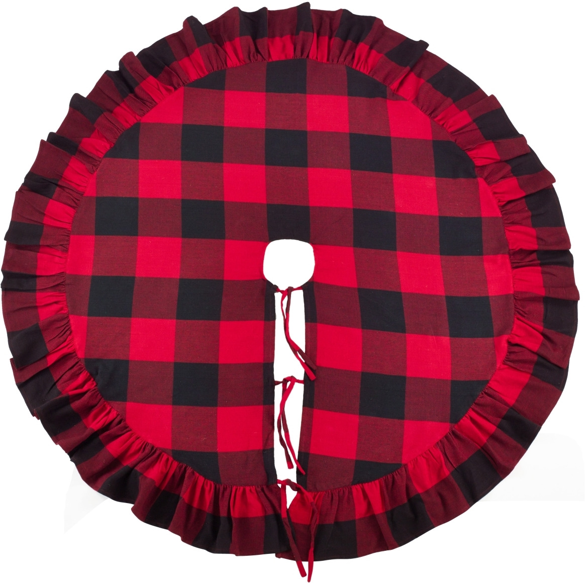 SARO  53 in. Round Buffalo Plaid Ruffle Design Decorative Cotton Christmas Tree Skirt  Red