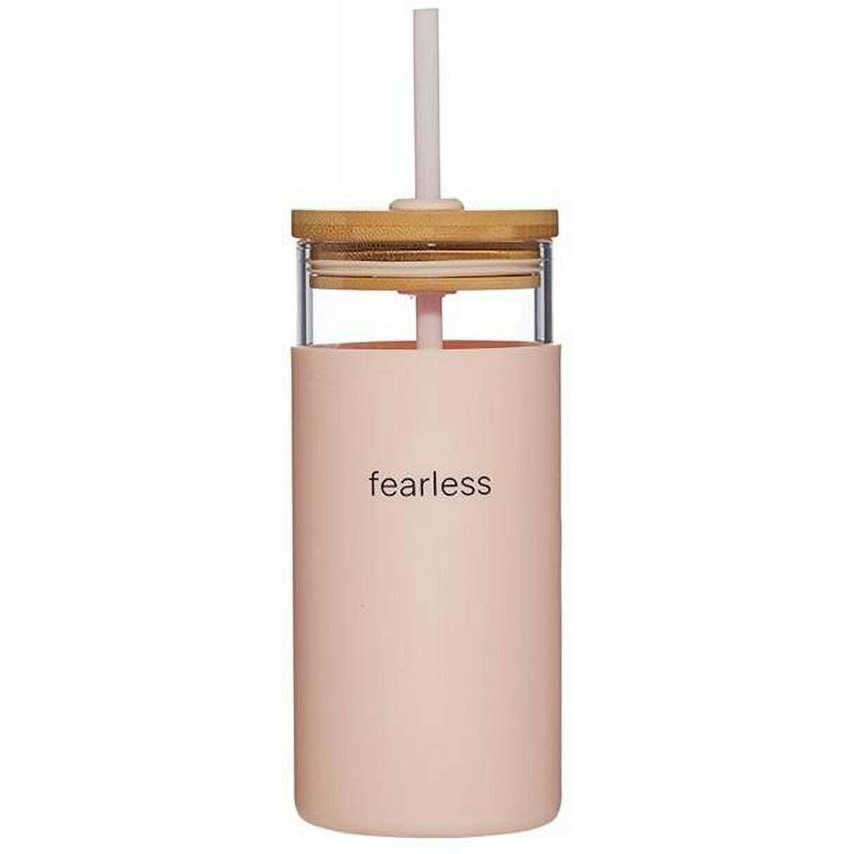 7 in. Holds 18 oz Fearless Glass Water Bottle with Silicone Sleeve Bamboo Lid