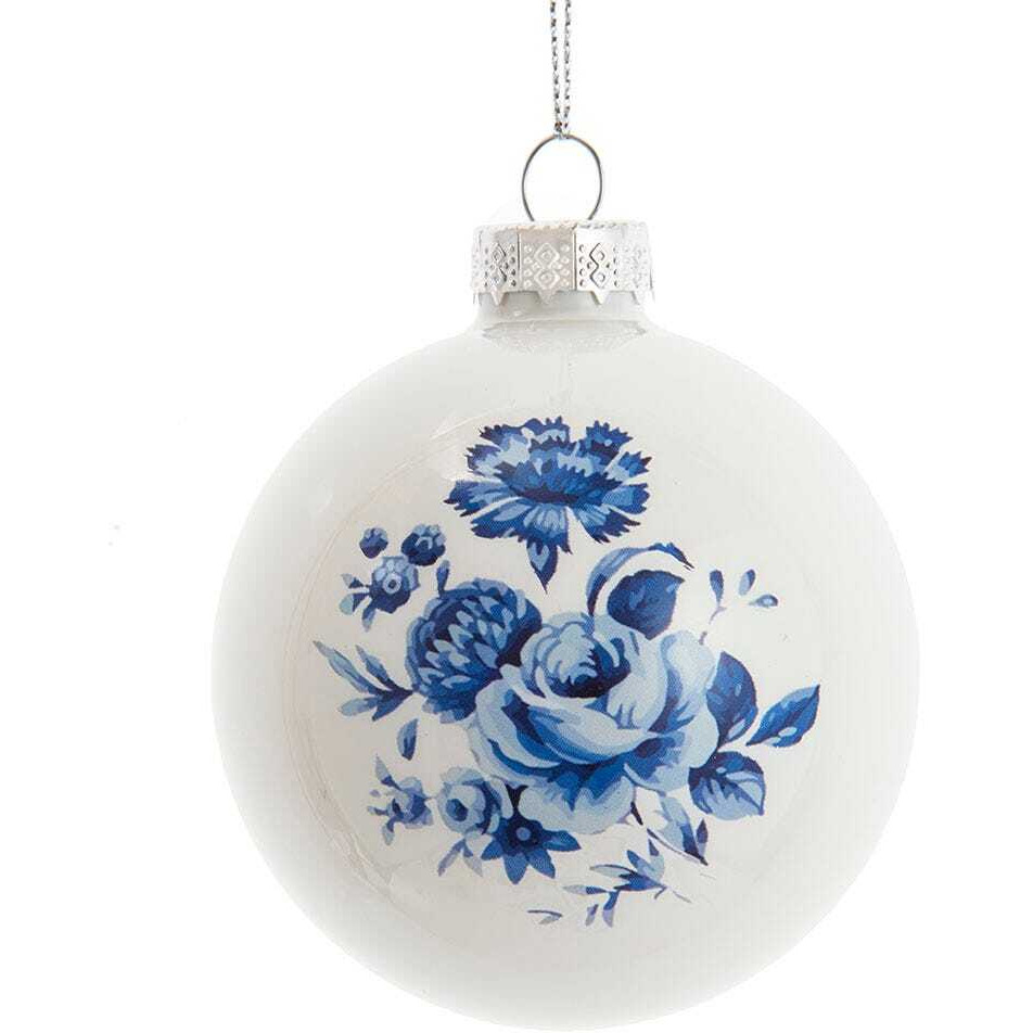 80 mm Shiny Glass Ball Ornaments Set&44 Delft Blue - 6 Piece