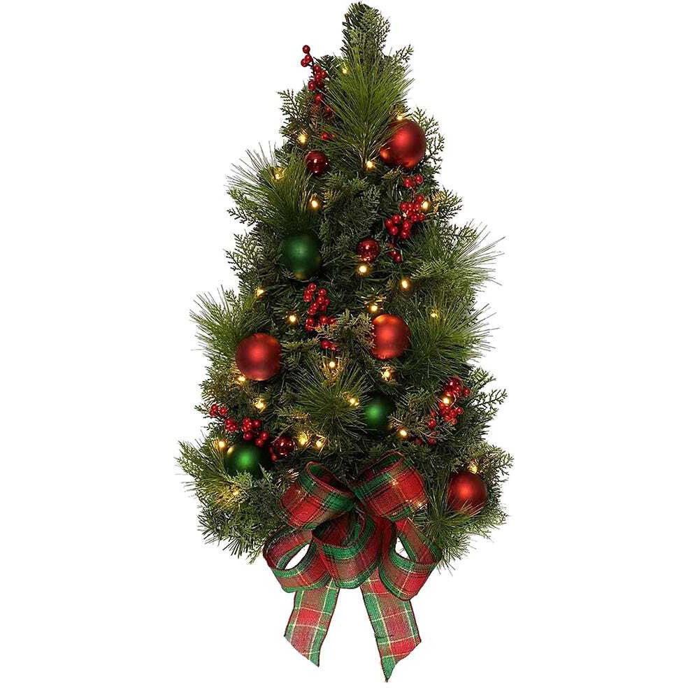 26 in. Battery Operated Pre-Lit Red & Green Wall Tree with Bow