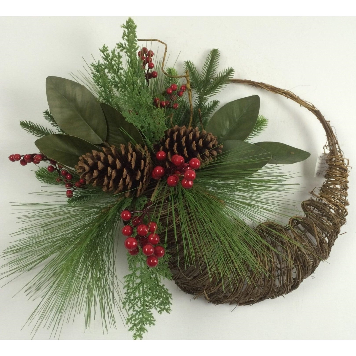 AI-FL7089-Q01 Pine Needles & Cones with Leaves & Berries on Half Wreath&44 Brown&44 Red & Green