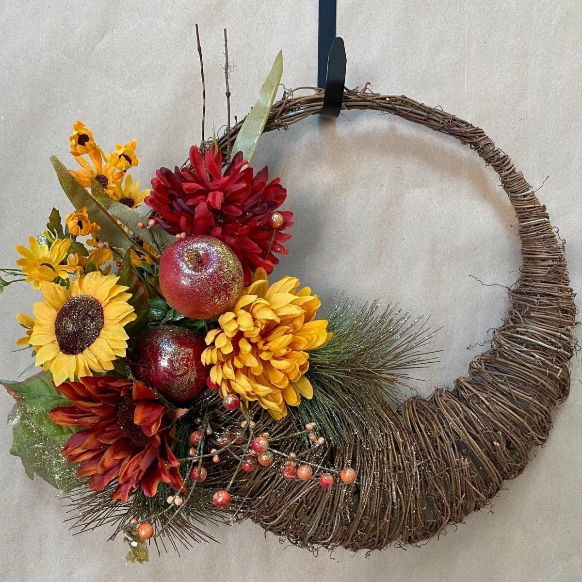 AI-FL7056-Q02 24 in. Fall Colored Flowers & Apples Half Wreath&44 Multi Color - Set of 2