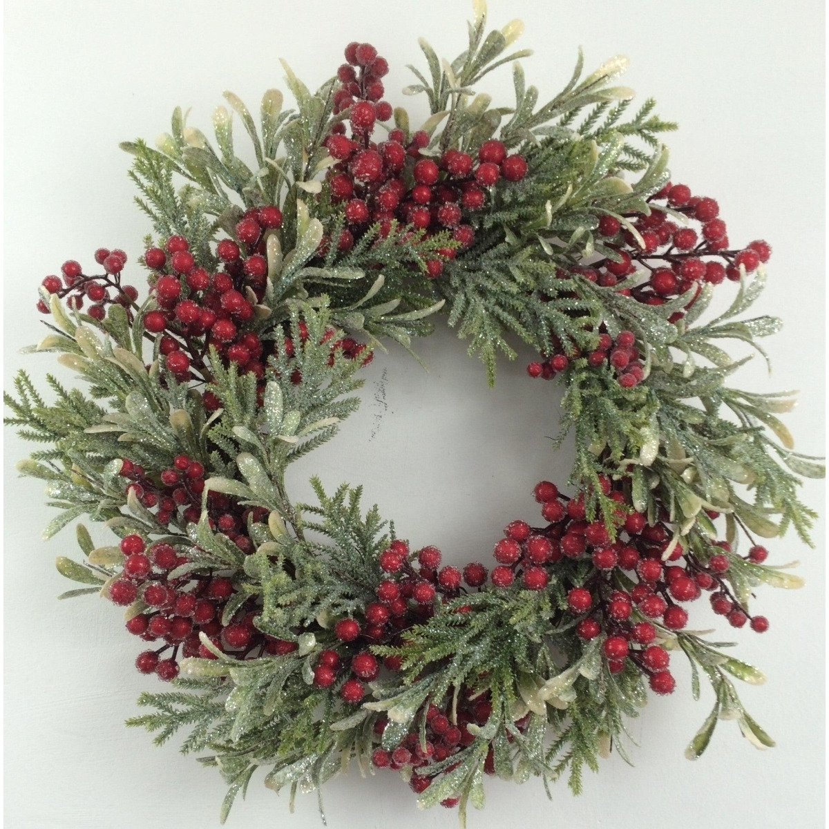 AI-FL7076-Q02 Glittered Green & Red Berries Wreath - Set of 2