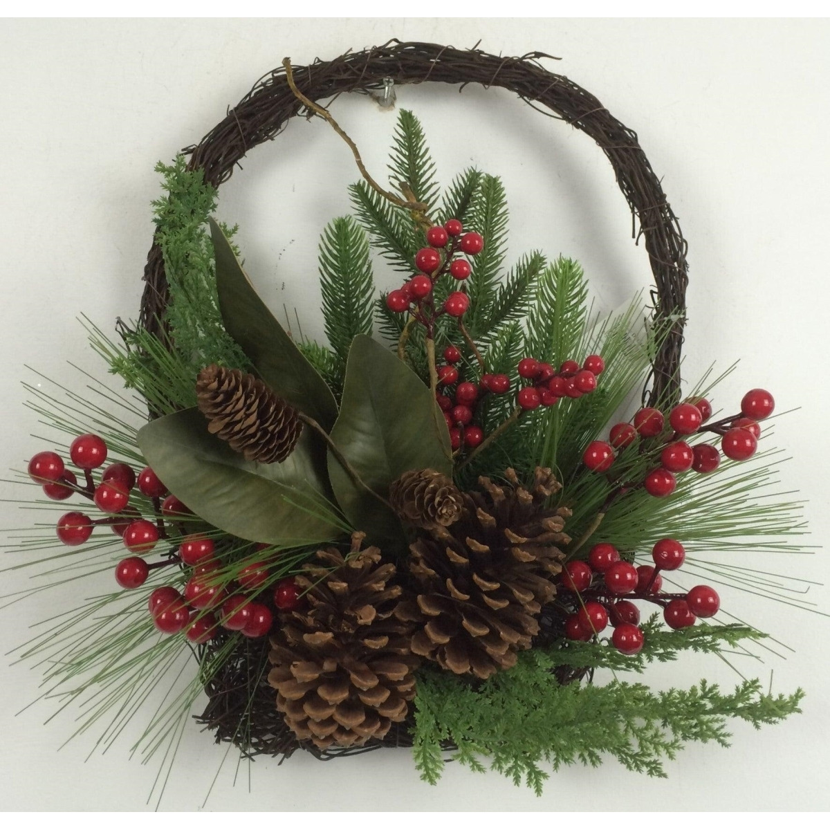 AI-FL7090-Q04 Hanging Basket with Berries & Pine Cones Wreath&44 Brown&44 Red & Green - Set of 4