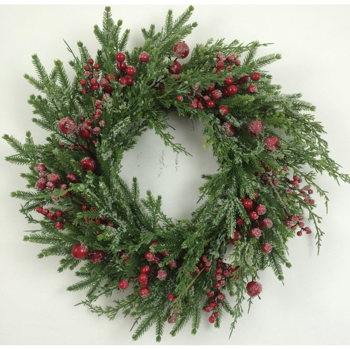 AI-FL7074-Q12 Icy Green Branches & Red Berries Wreath - Set of 12
