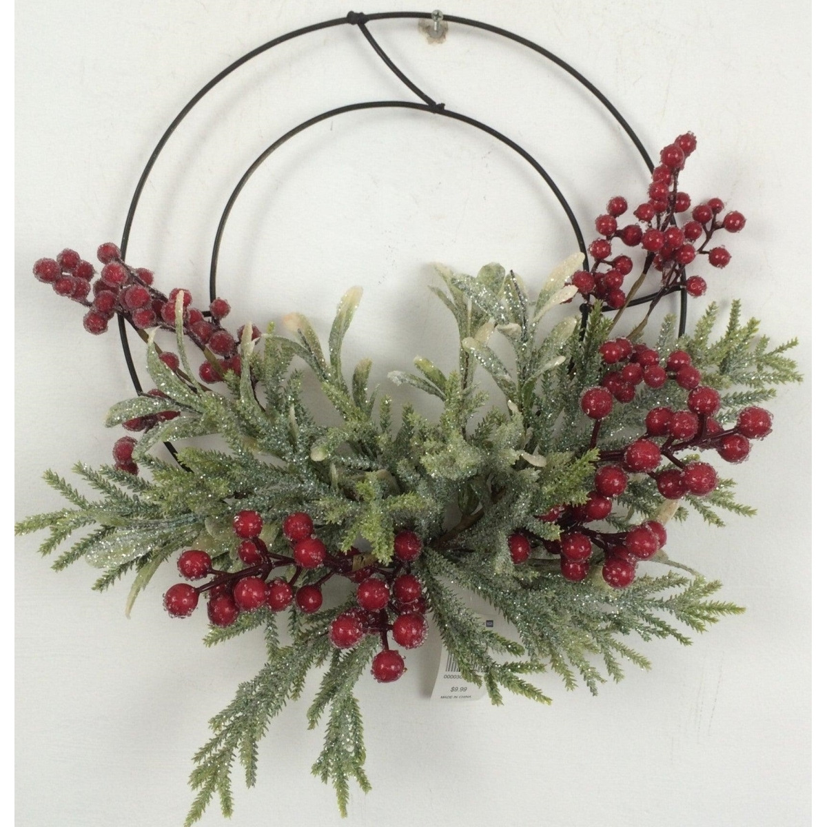 AI-FL7077-Q12 Glittered Green & Red Berries on Metal Form Wreath - Set of 12