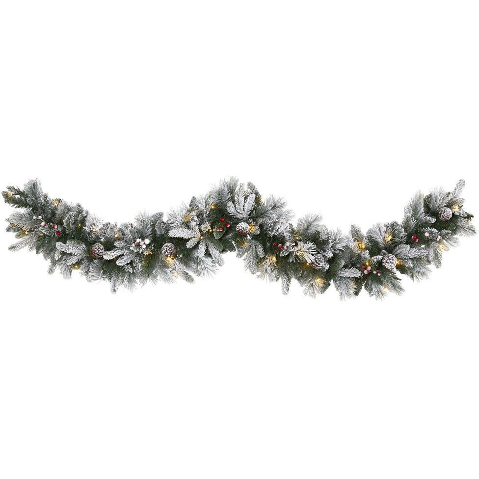 6 in. Flocked Mixed Pine Artificial Christmas Garland with 50 LED Lights Pine Cones & Berries