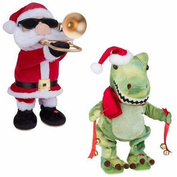 Animated Musical Christmas Plush Santa with Trombone or Christmas T-Rex