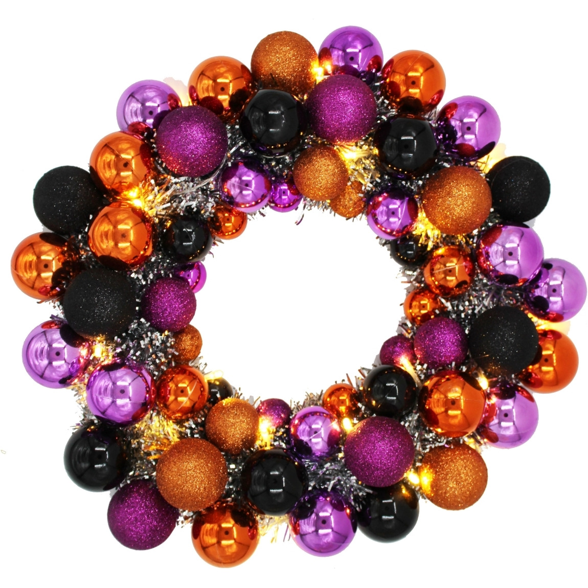 16 in. Ball with Battery Powered Pure White LEDs Wreath&44 Purple&44 Orange & Black