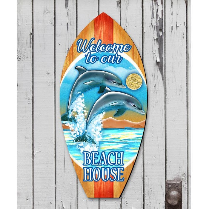 G.DeBrekht 8114070 Dolphins Surfboard Wooden Christmas Ornament Set of 2