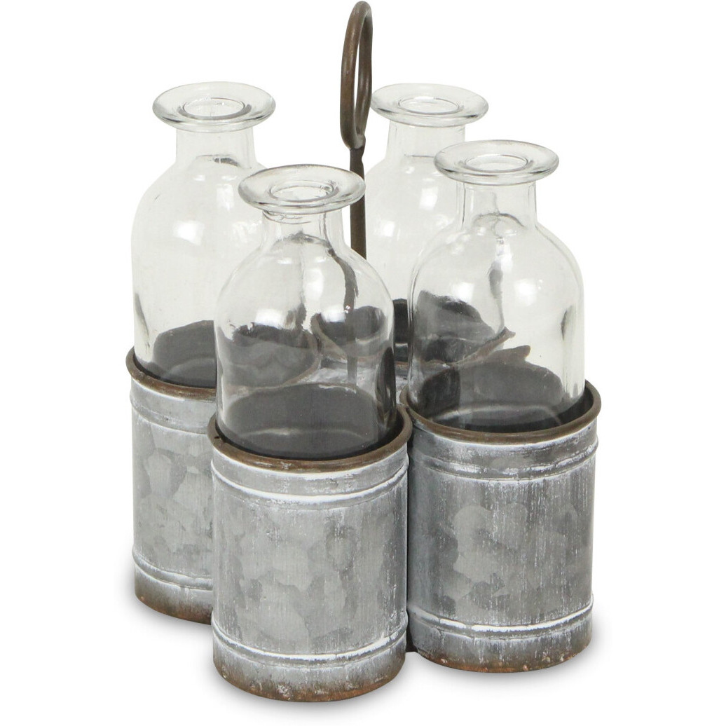 Set of Four Clear Galvanized Metal and Glass Decorative Bottles