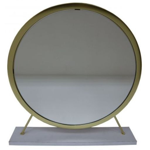 19" Faux Fur, Mirror, White & Brass Finish Round Makeup Shaving Tabletop Mirror