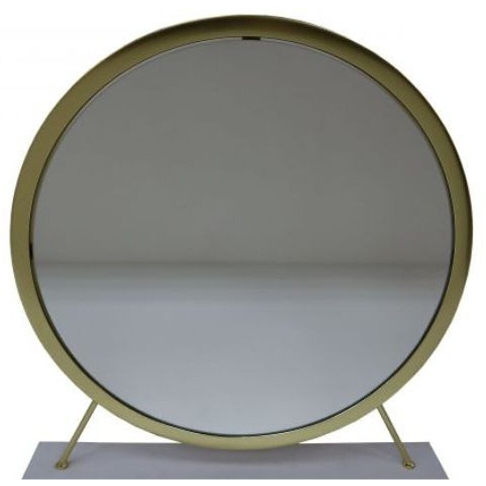 19" Faux Fur, Mirror, White & Brass Finish Round Makeup Shaving Tabletop Mirror