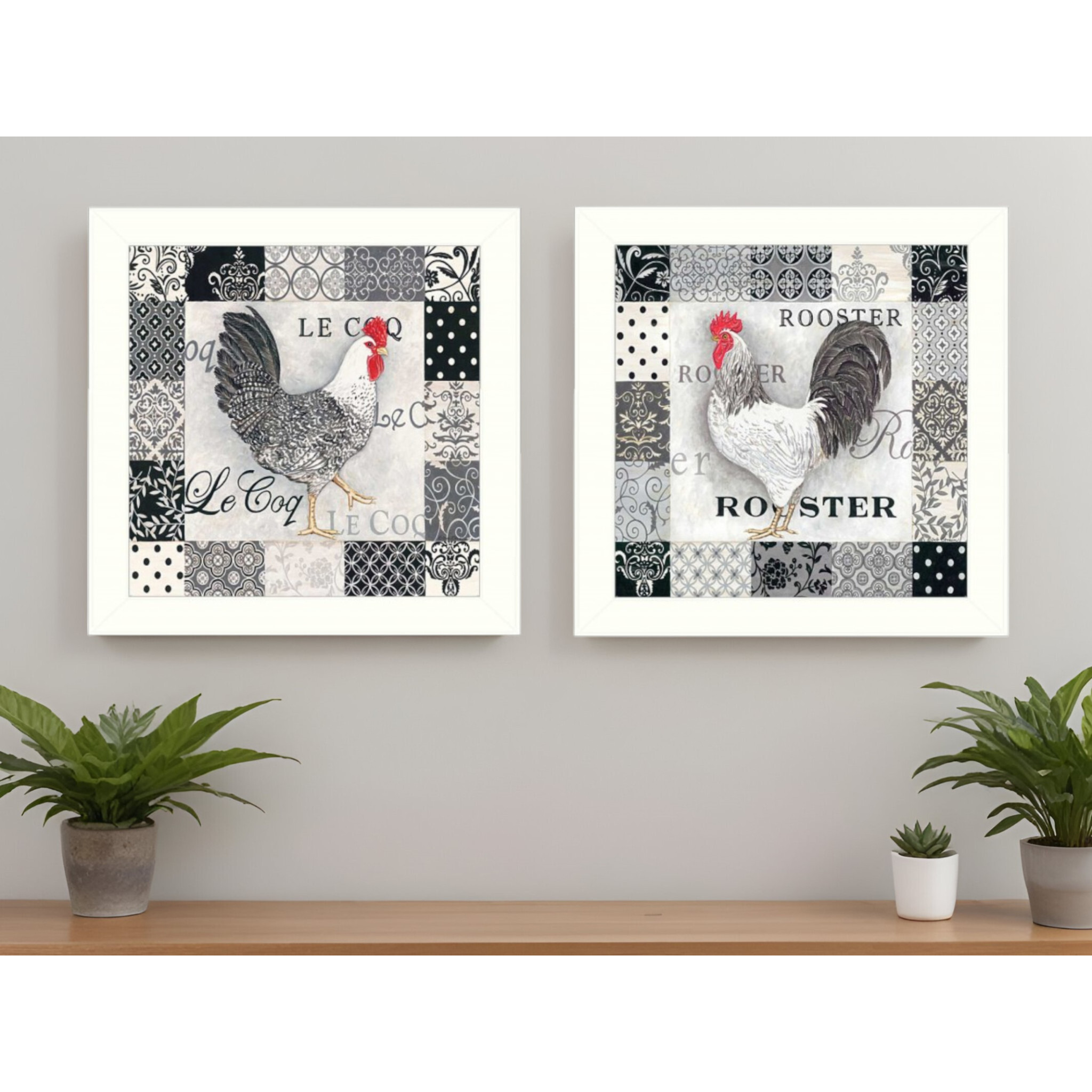 Set Of Two Black And White Rooster White Framed Print Wall Art
