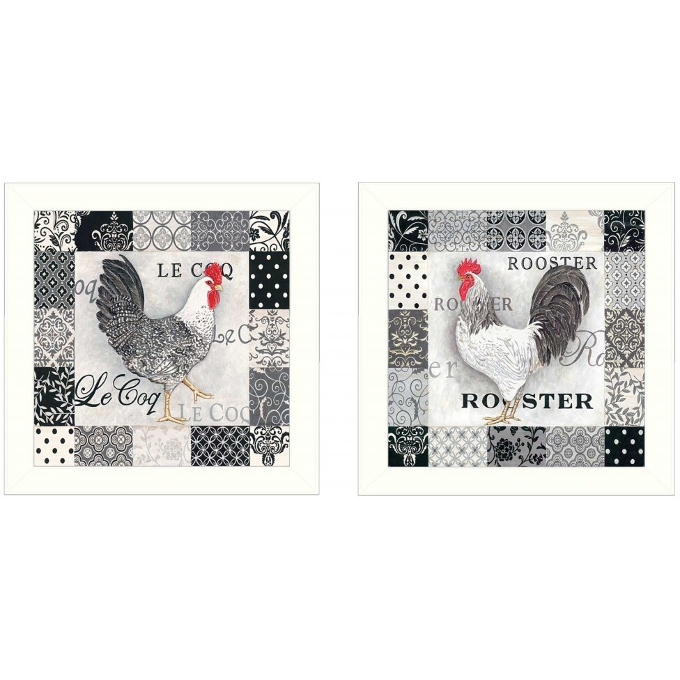 Set Of Two Black And White Rooster White Framed Print Wall Art