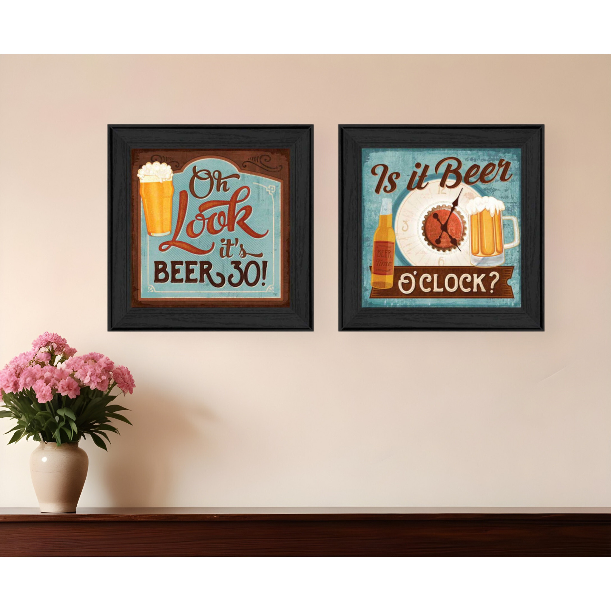 Set Of Two Beer Oclock Black Framed Print Wall Art