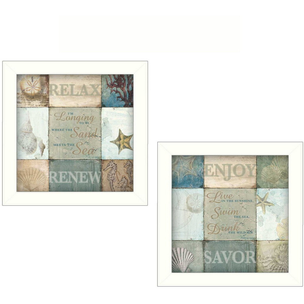 Set Of Two Sunshine Sand and Sea White Framed Print Wall Art