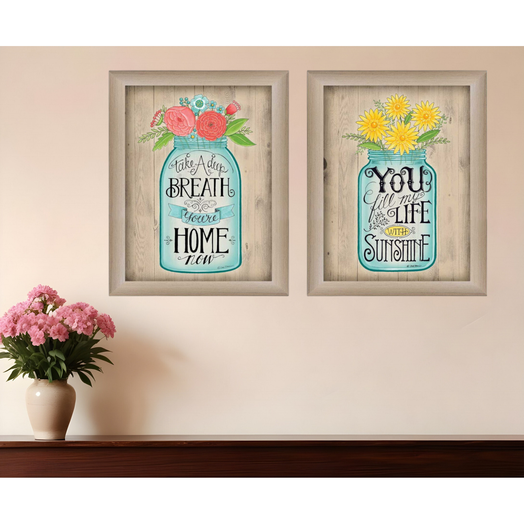 Set Of Two Mason Jars Floral Brown Framed Print Wall Art