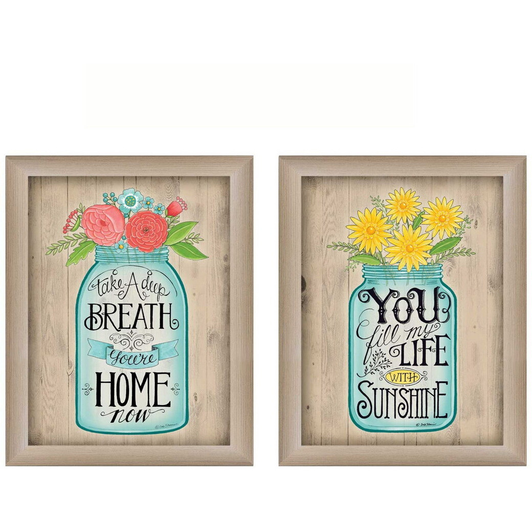 Set Of Two Mason Jars Floral Brown Framed Print Wall Art