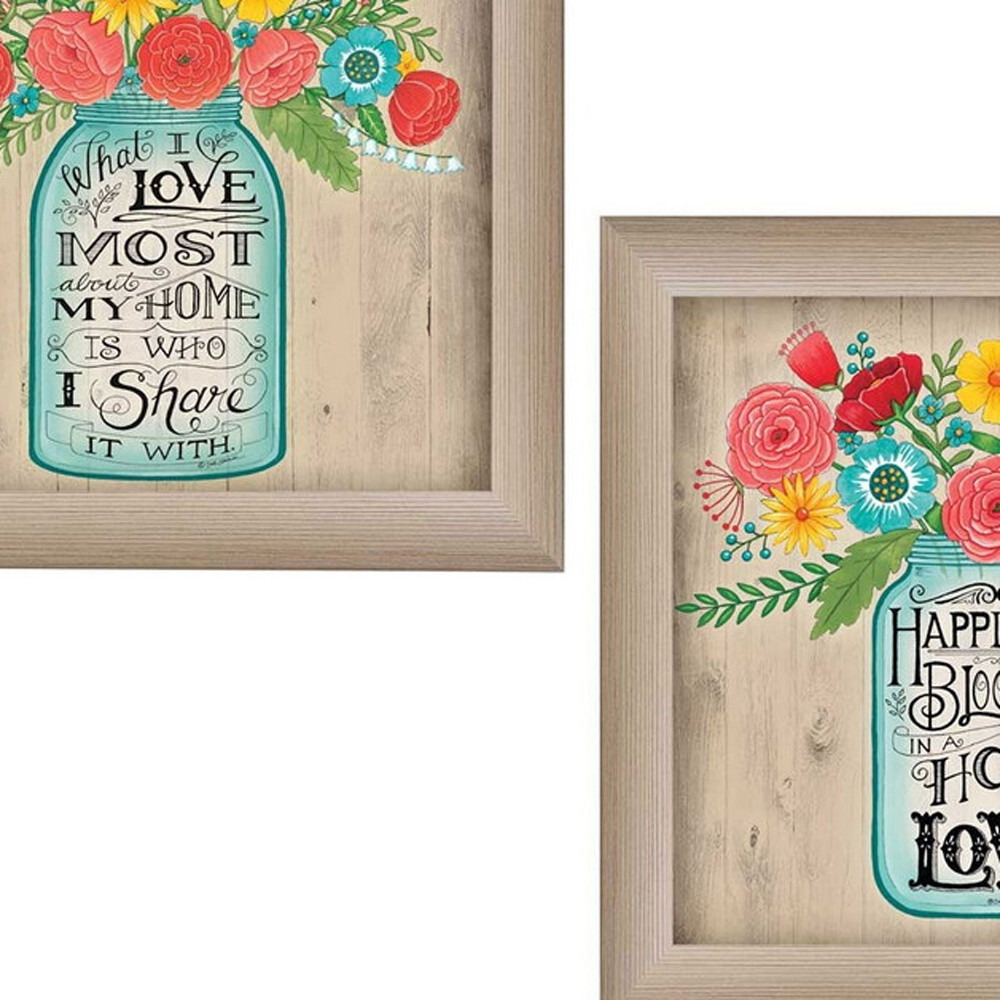 Set Of Two Mason Jar Floral Happiness at Home Brown Framed Print Wall Art