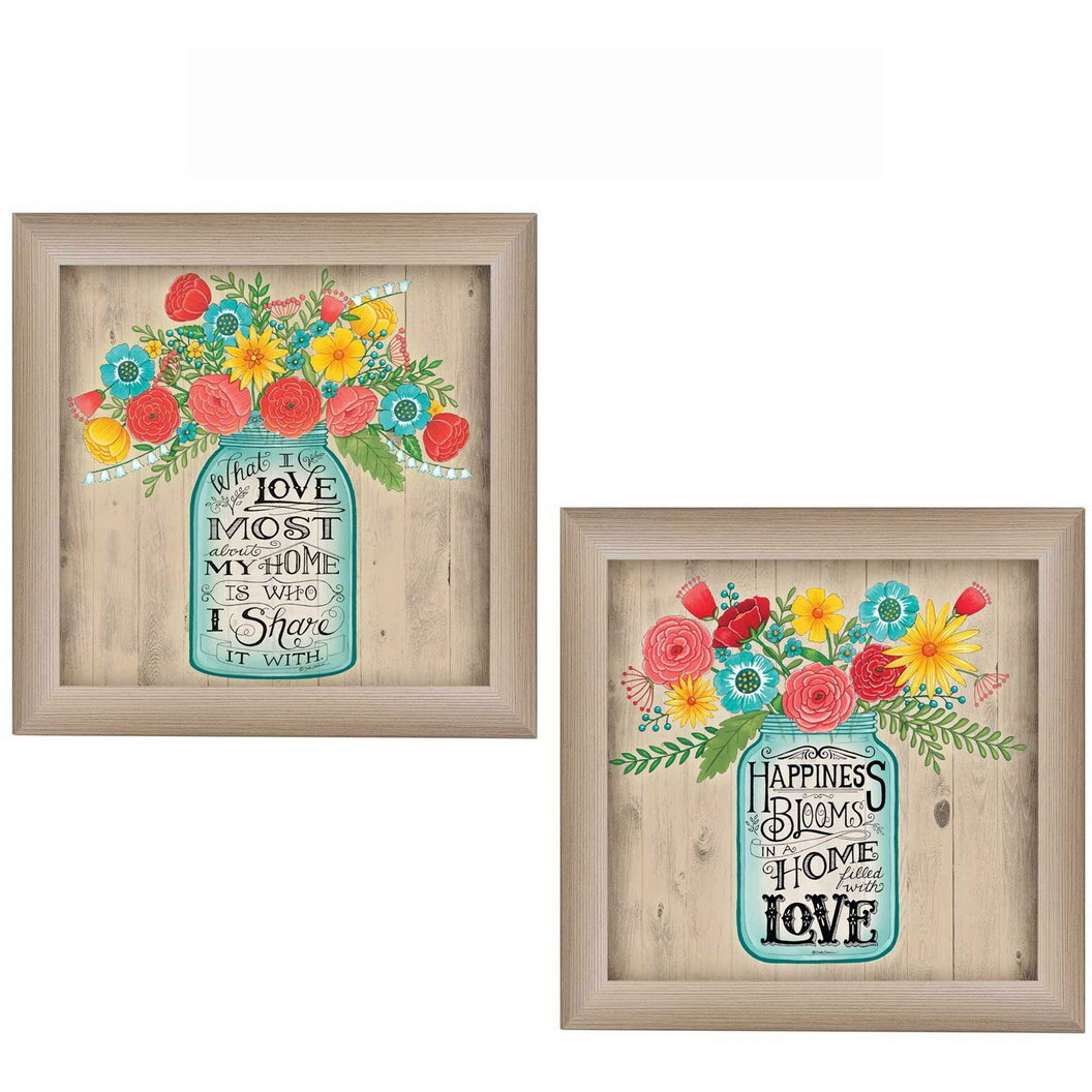 Set Of Two Mason Jar Floral Happiness at Home Brown Framed Print Wall Art